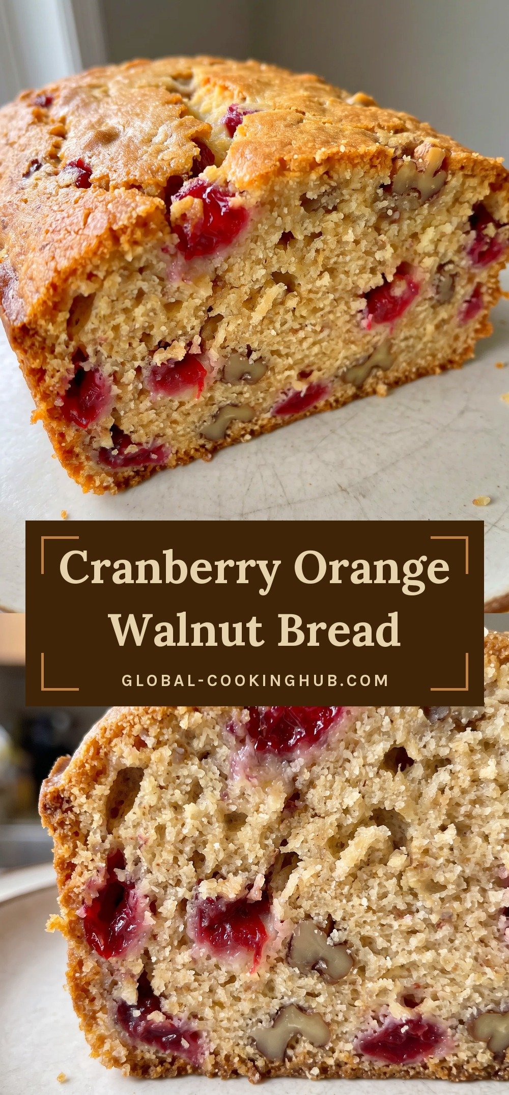 Golden brown loaf cake studded with red cranberries, orange zest flecks, and chopped walnuts.