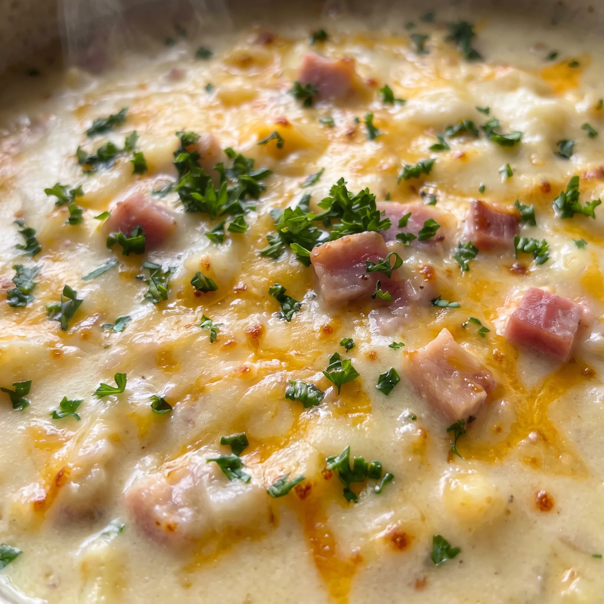 Thick creamy chowder with tender potato chunks, soft carrot pieces, and strands of melted cheddar cheese.