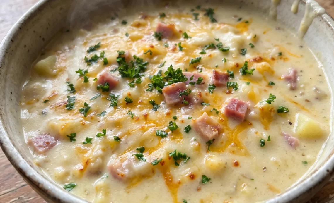 Creamy ham chowder with cubed potatoes, diced carrots, chopped celery, and melted cheddar cheese throughout.