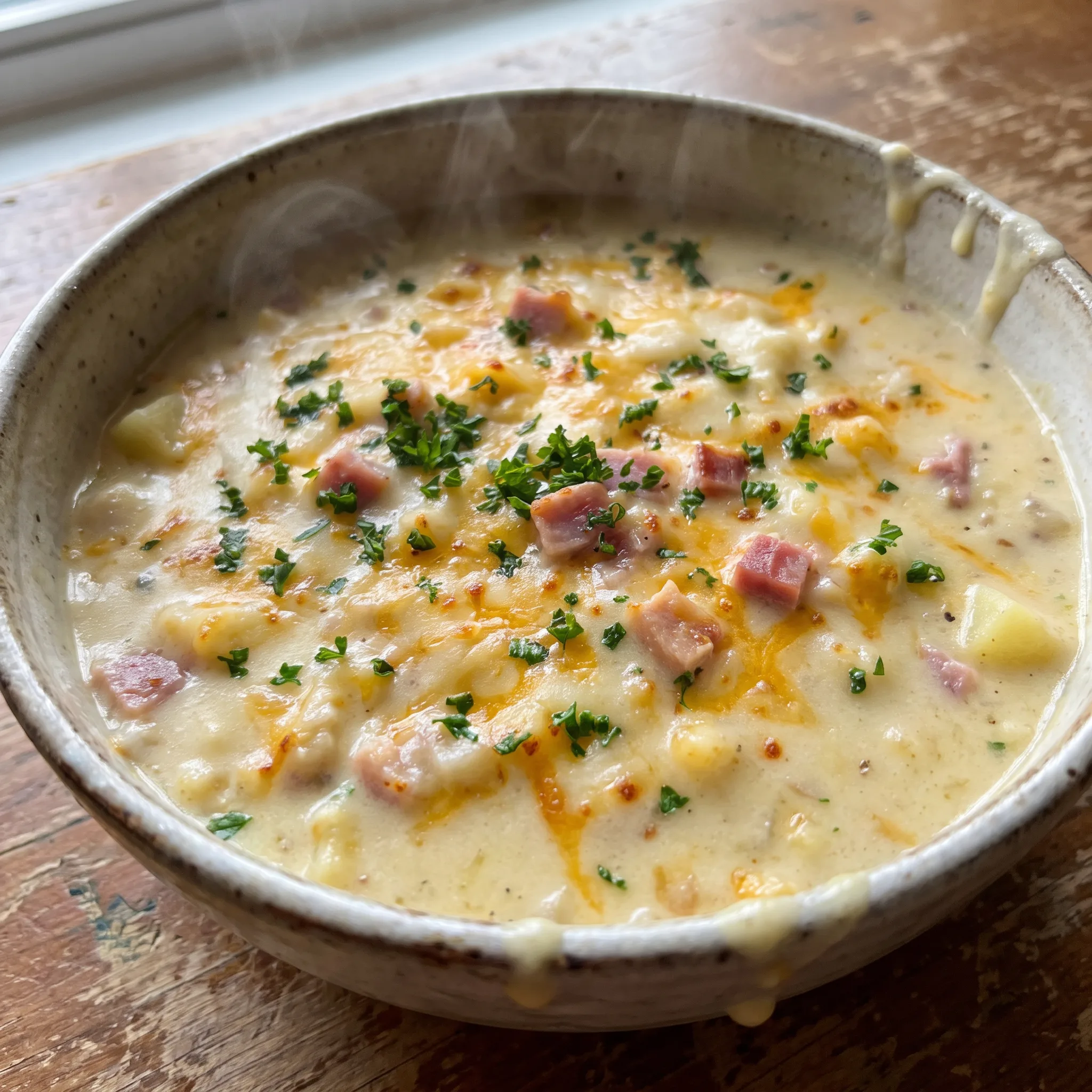 Creamy ham chowder with cubed potatoes, diced carrots, chopped celery, and melted cheddar cheese throughout.