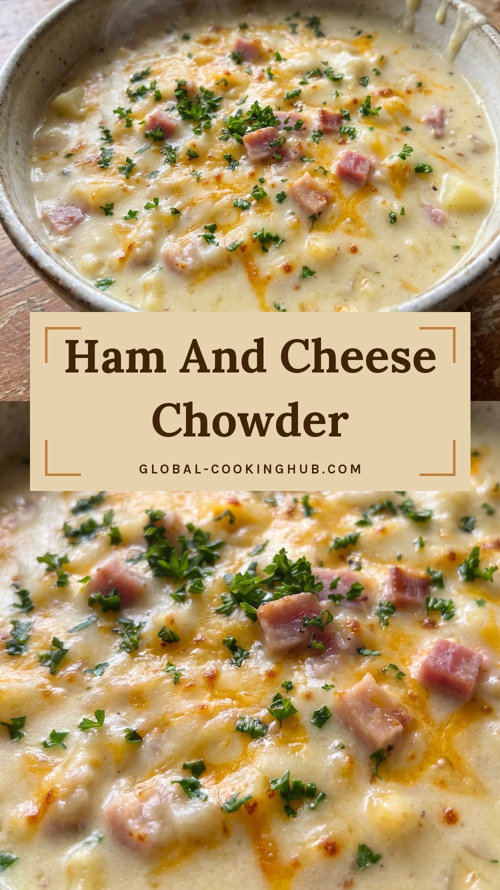 Bowl of creamy chowder with diced ham, potatoes, shredded cheddar and parsley.