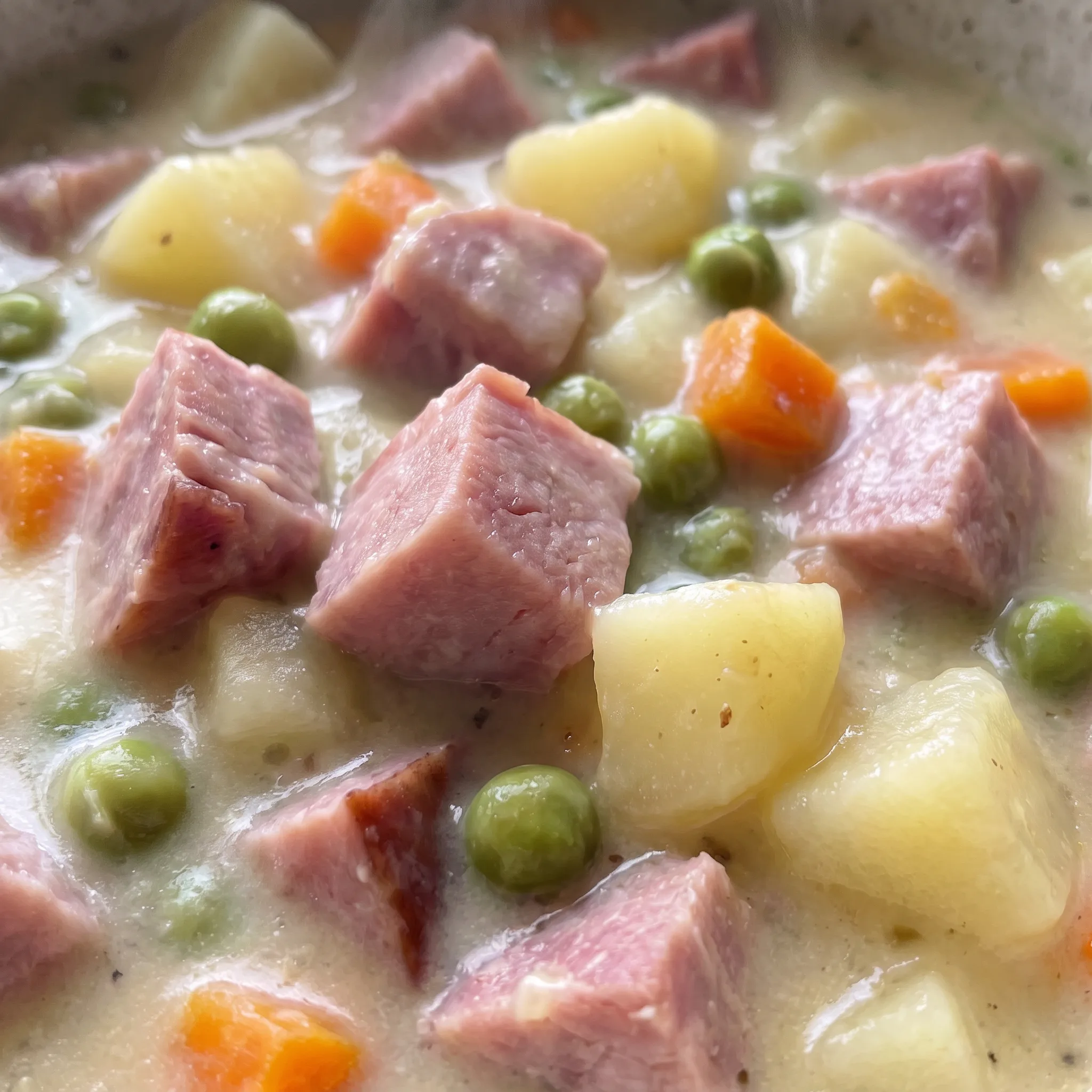 Tender potato pieces and green peas coated in a thick creamy broth with flecks of pink ham and orange carrot.