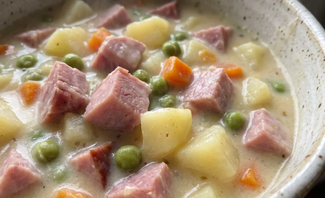 Creamy ham potato soup with diced ham, potato chunks, sliced carrots, celery, and green peas in a milky broth.