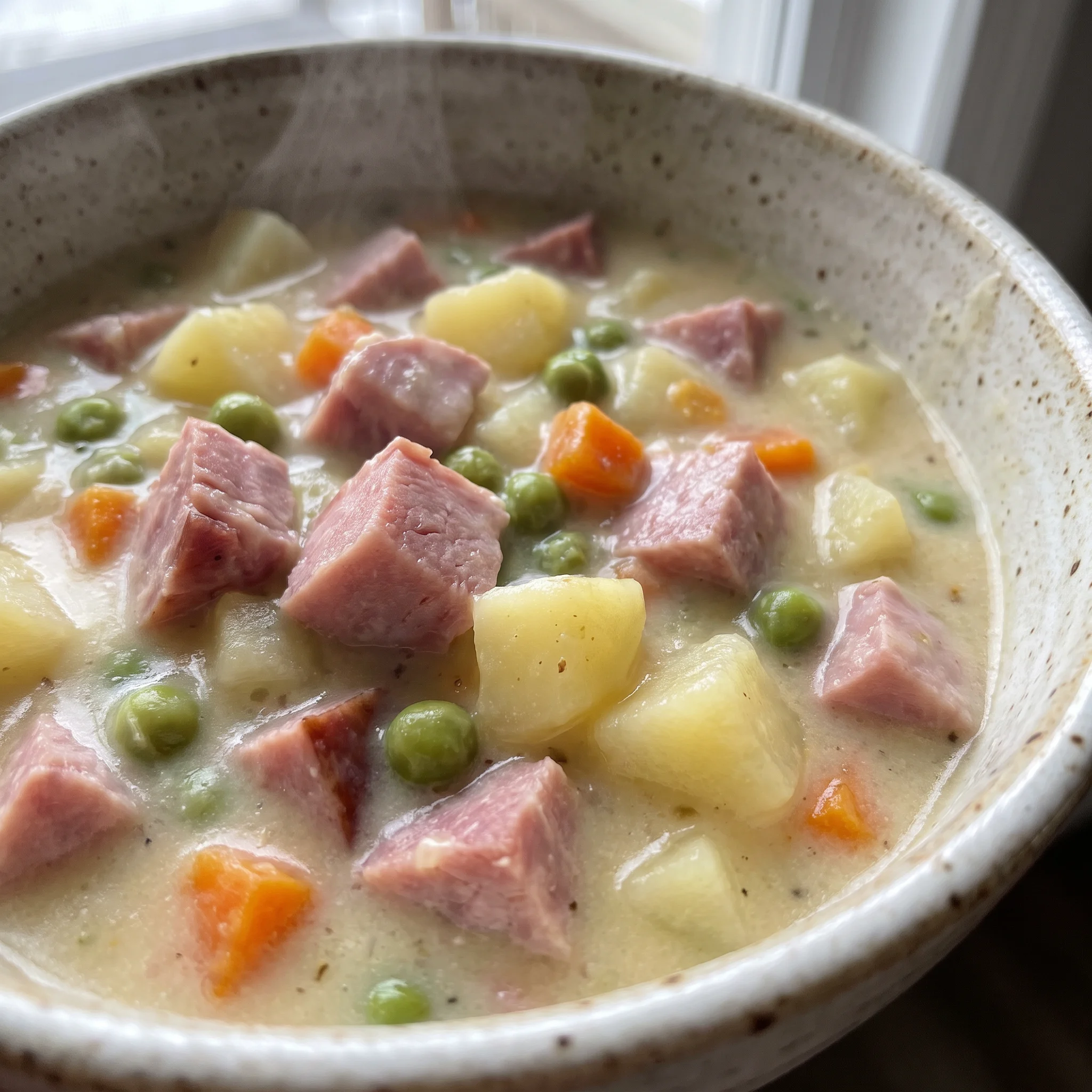 Creamy ham potato soup with diced ham, potato chunks, sliced carrots, celery, and green peas in a milky broth.