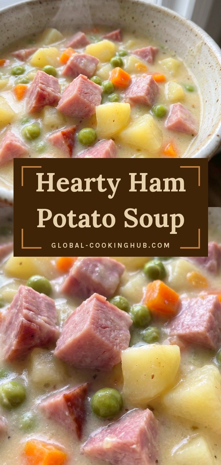 Bowl of creamy soup with diced ham, potato chunks, carrots and green peas.