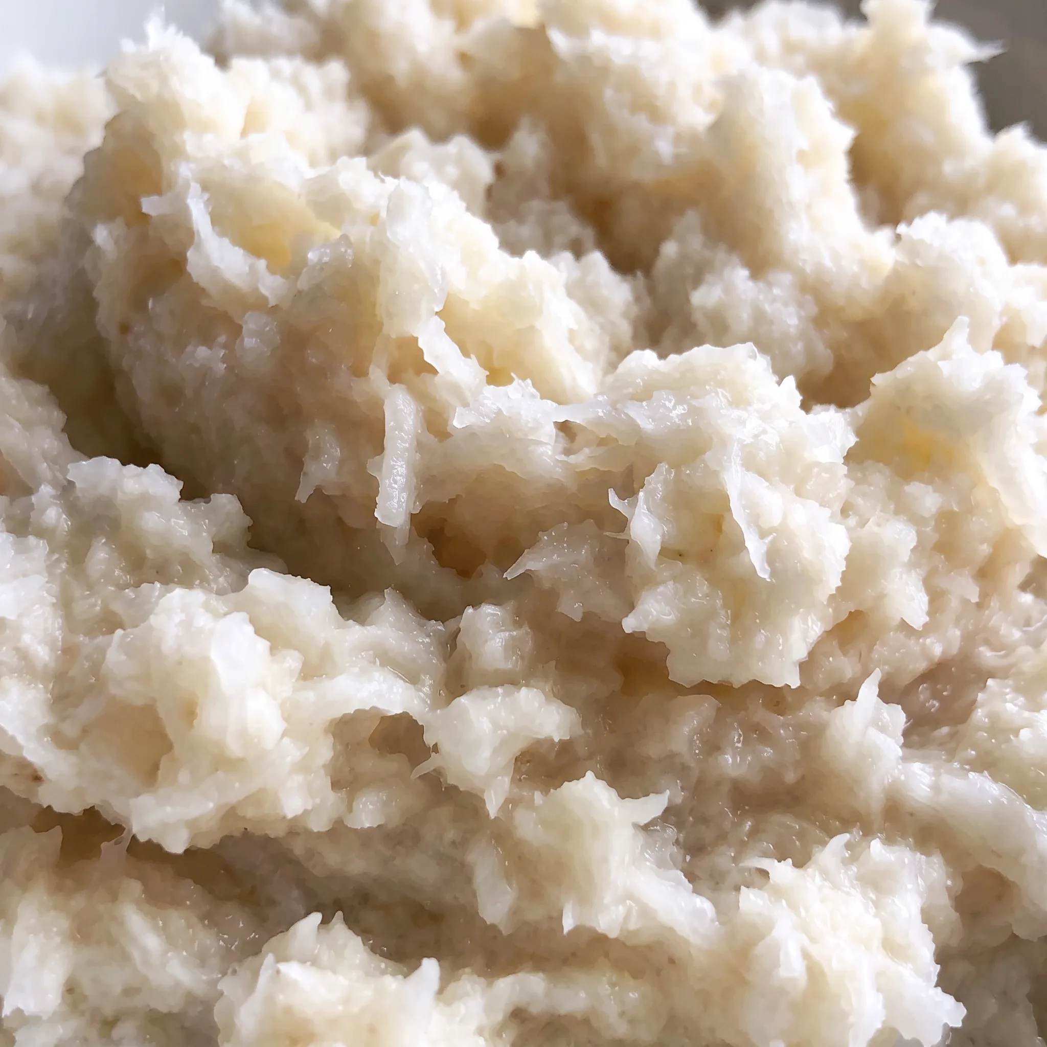 Thick pale sauce with coarse grated horseradish specks and a glossy, slightly grainy texture.