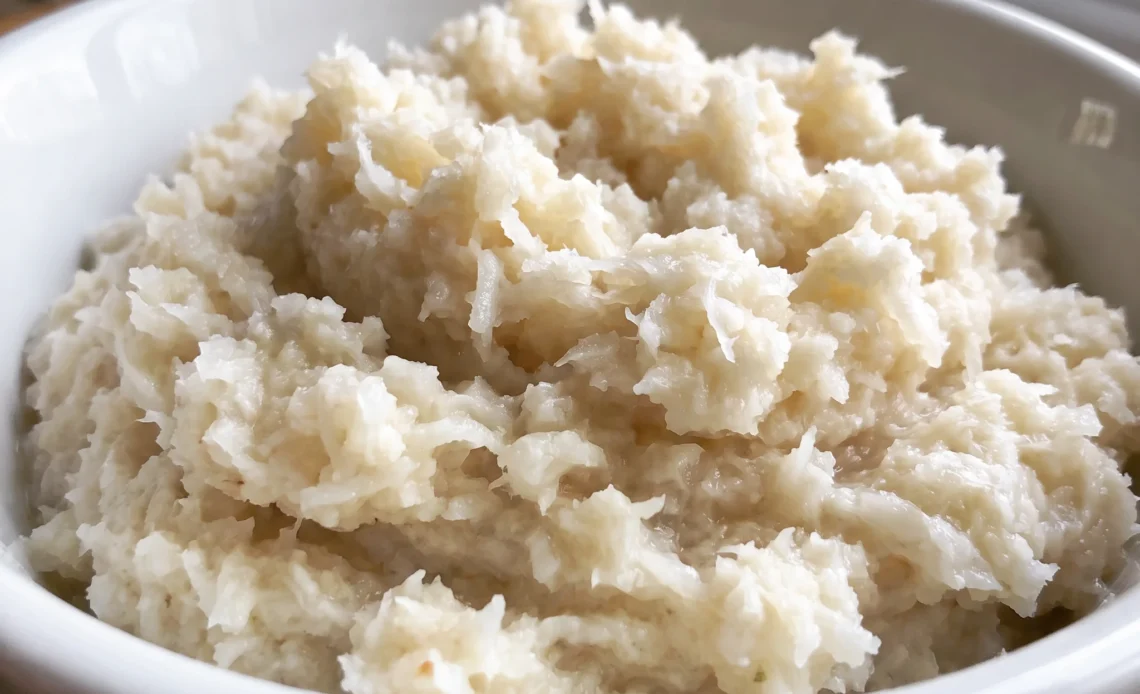 Creamy white horseradish sauce with visible flecks of grated horseradish and a thin sheen of vinegar.