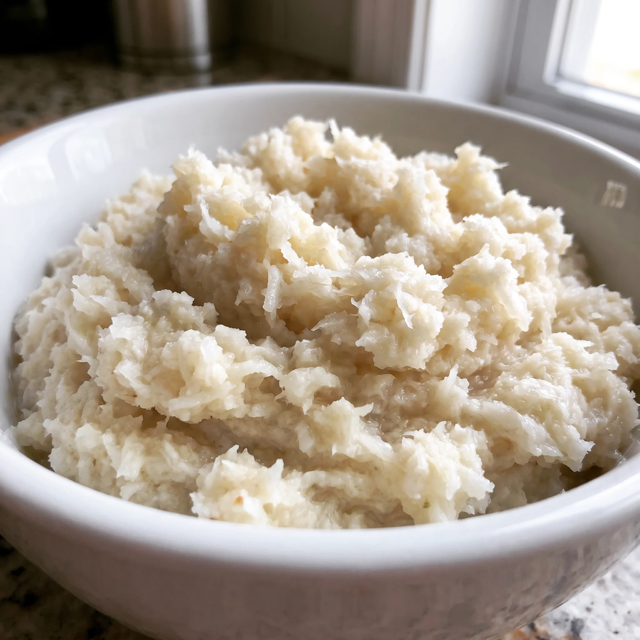 Creamy white horseradish sauce with visible flecks of grated horseradish and a thin sheen of vinegar.
