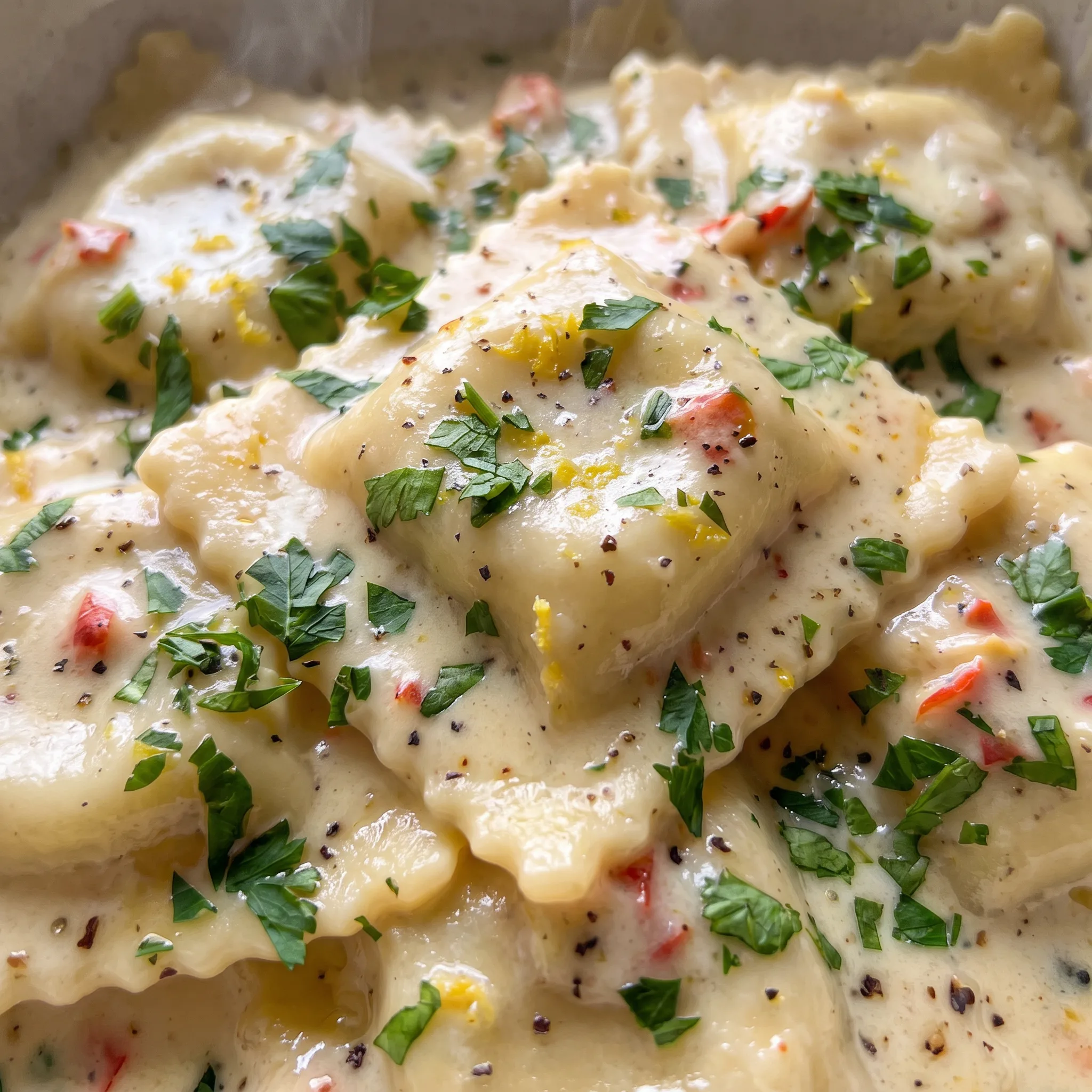 Creamy sauce coating lobster ravioli, topped with grated Parmesan and fresh parsley.