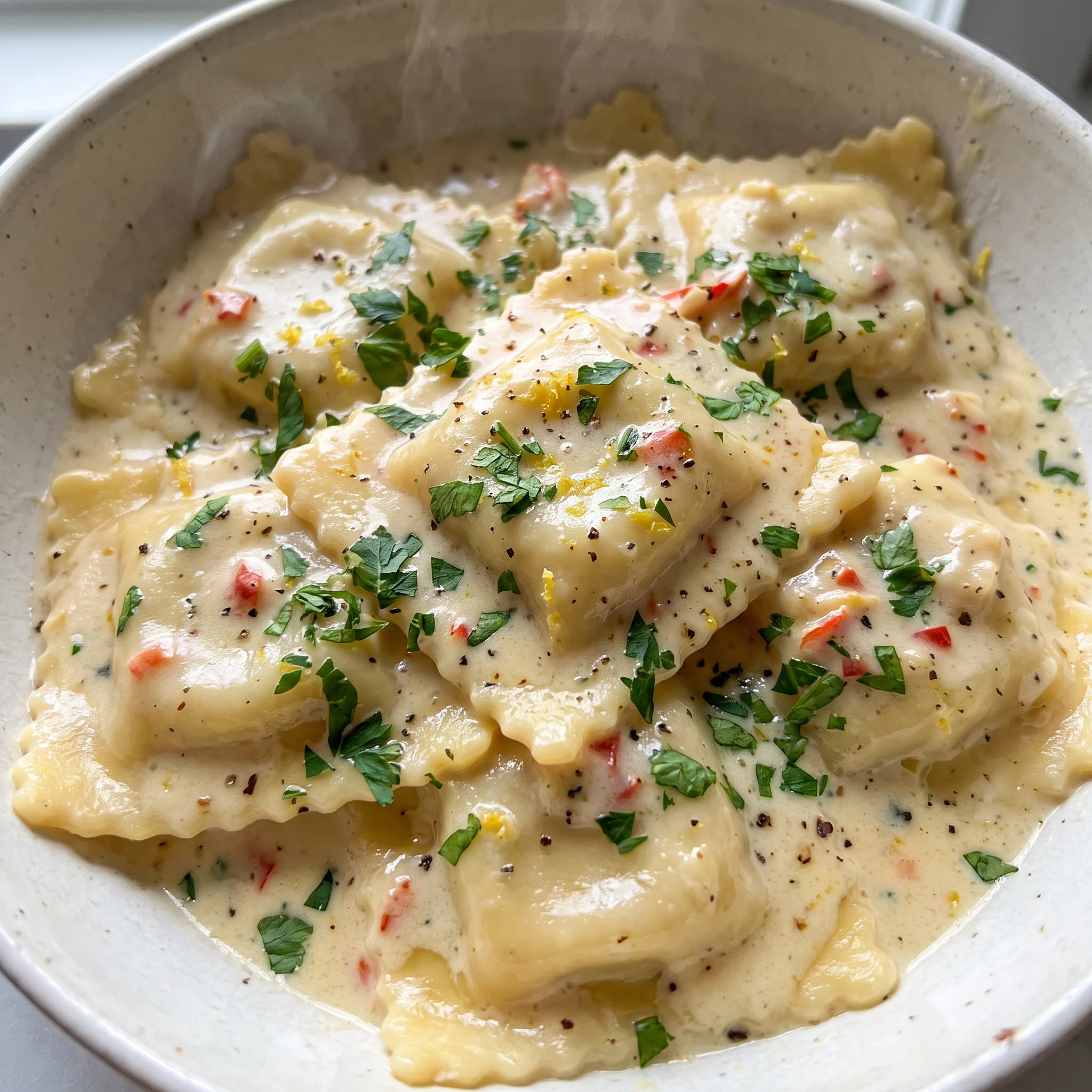 Lobster ravioli in creamy Parmesan sauce with garlic, lemon, and chopped parsley.