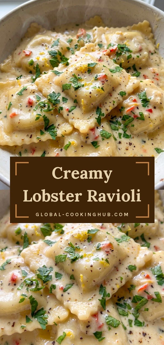 Lobster ravioli coated in creamy Parmesan sauce with chopped parsley, lemon zest, and grated cheese.