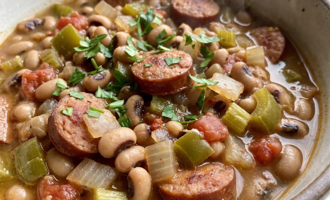 Hoppin' John with black-eyed peas, sliced smoked sausage, diced tomatoes and chilies, green bell pepper, and onion.