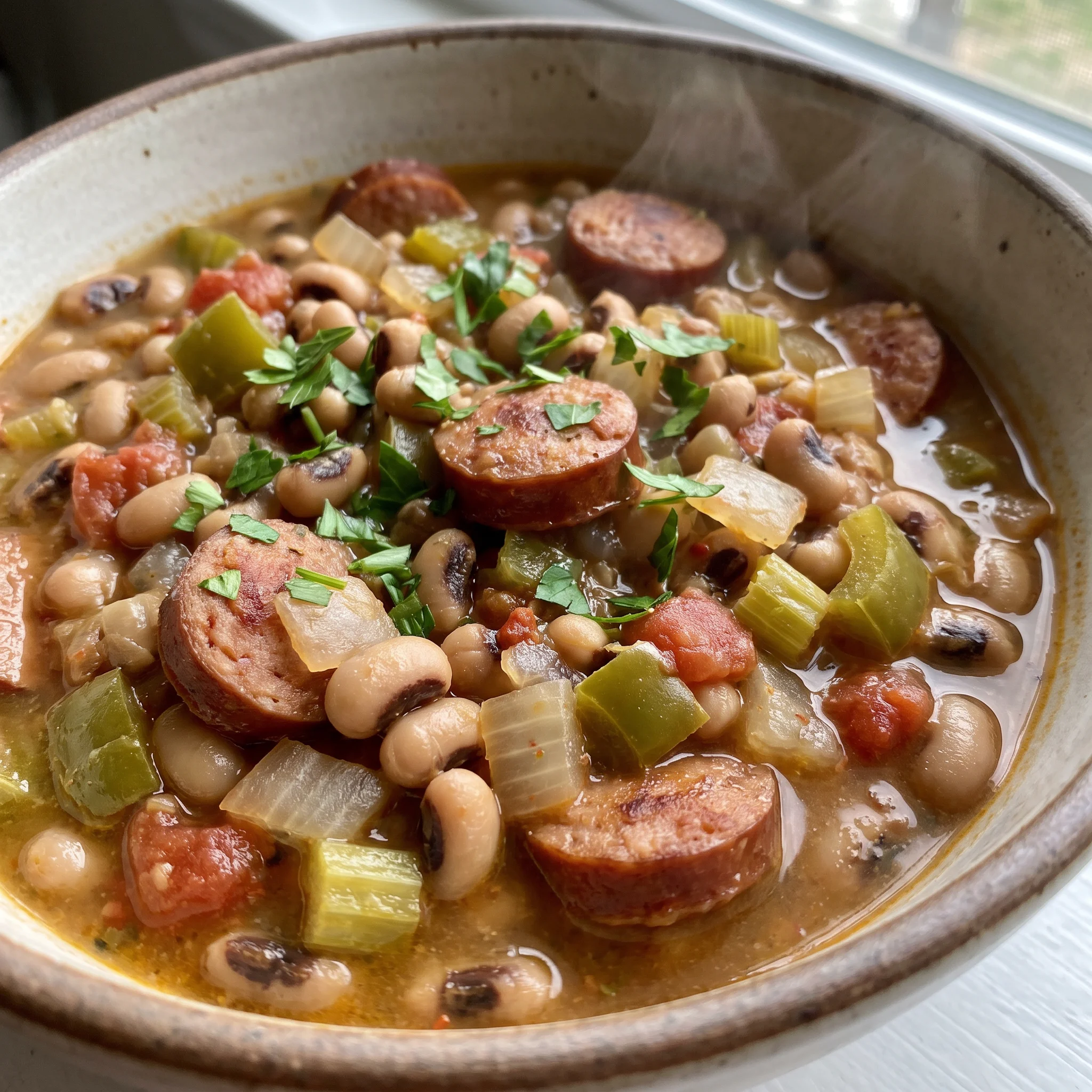 Hoppin' John with black-eyed peas, sliced smoked sausage, diced tomatoes and chilies, green bell pepper, and onion.