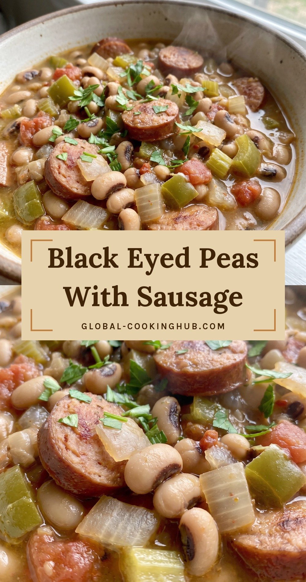 Dried black-eyed peas, sliced smoked sausage, diced tomatoes with chilies, green bell pepper, and onion in a seasoned broth.