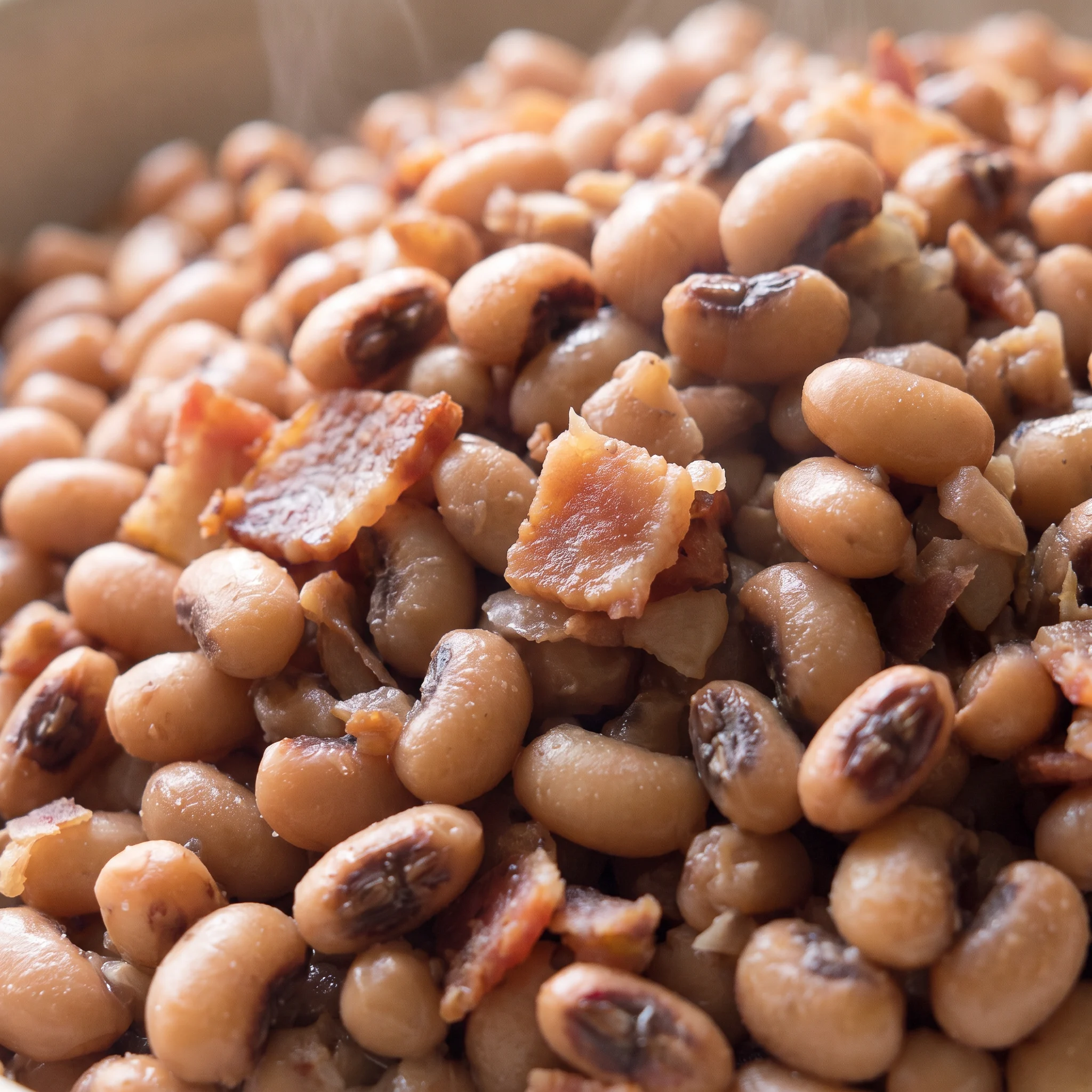 Soft tan black eyed peas coated in thick broth, scattered with browned bacon bits and translucent onion pieces.