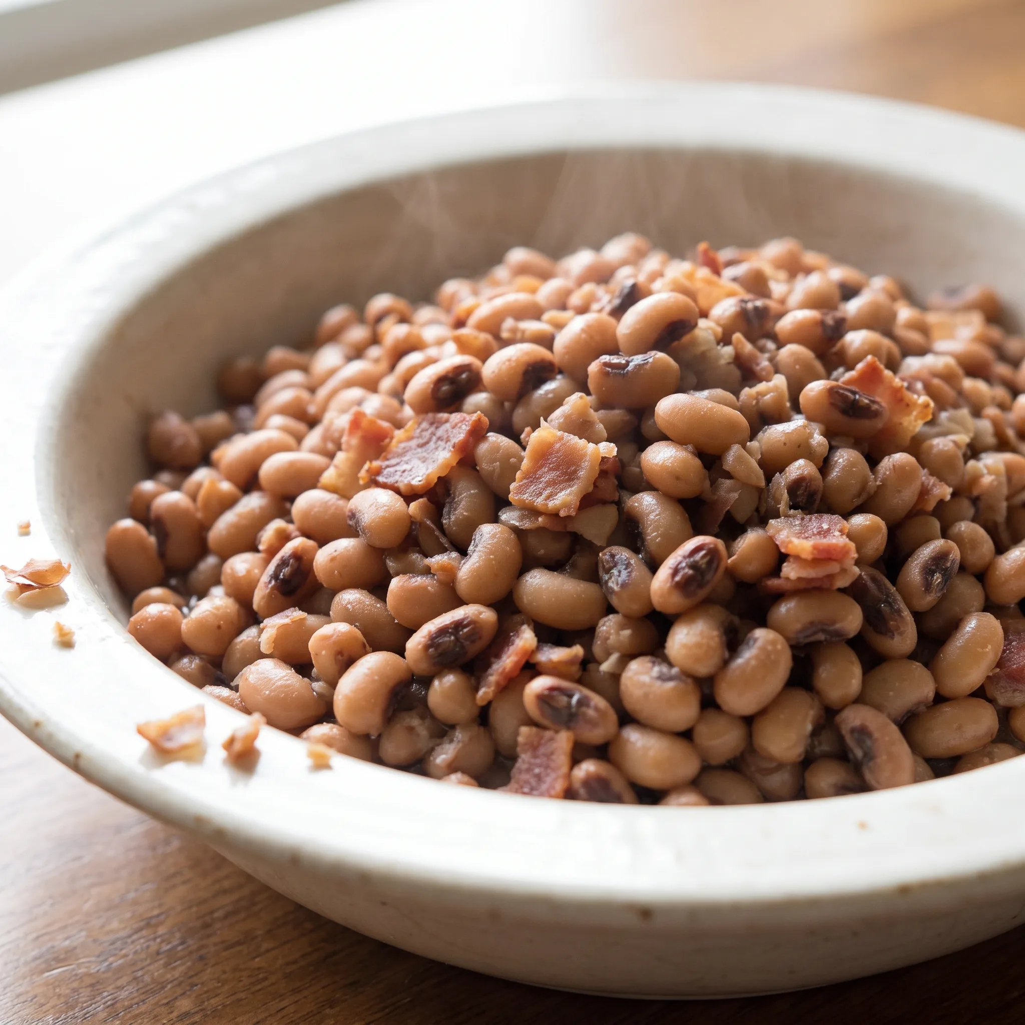 Crockpot black eyed peas with bacon and diced onion, creamy tan peas in a savory broth with crisp bacon pieces.