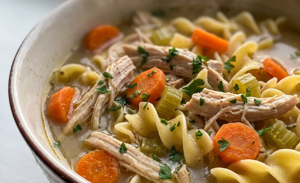 Chicken noodle soup with shredded chicken, egg noodles, sliced carrots, celery, and onion in golden broth.