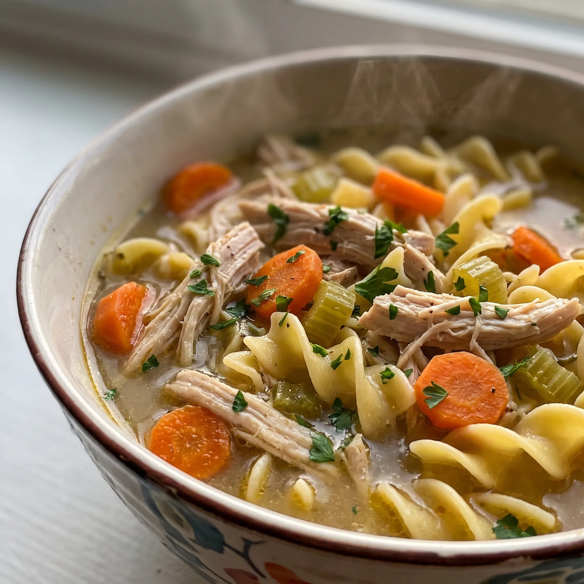 Chicken noodle soup with shredded chicken, egg noodles, sliced carrots, celery, and onion in golden broth.
