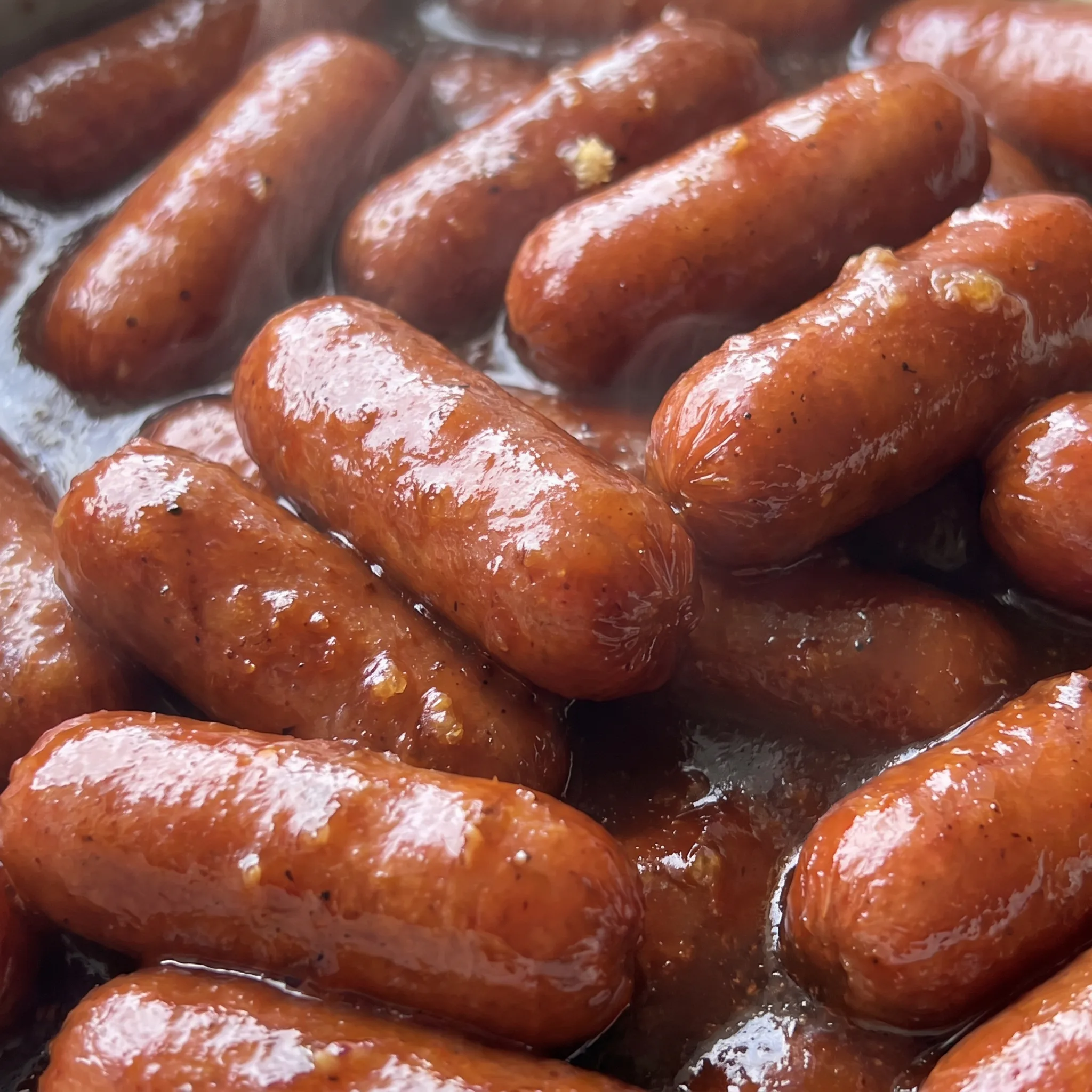 Small sausage links with a sticky, shiny reddish brown BBQ sauce clinging to each piece, showing a smooth glazed texture.