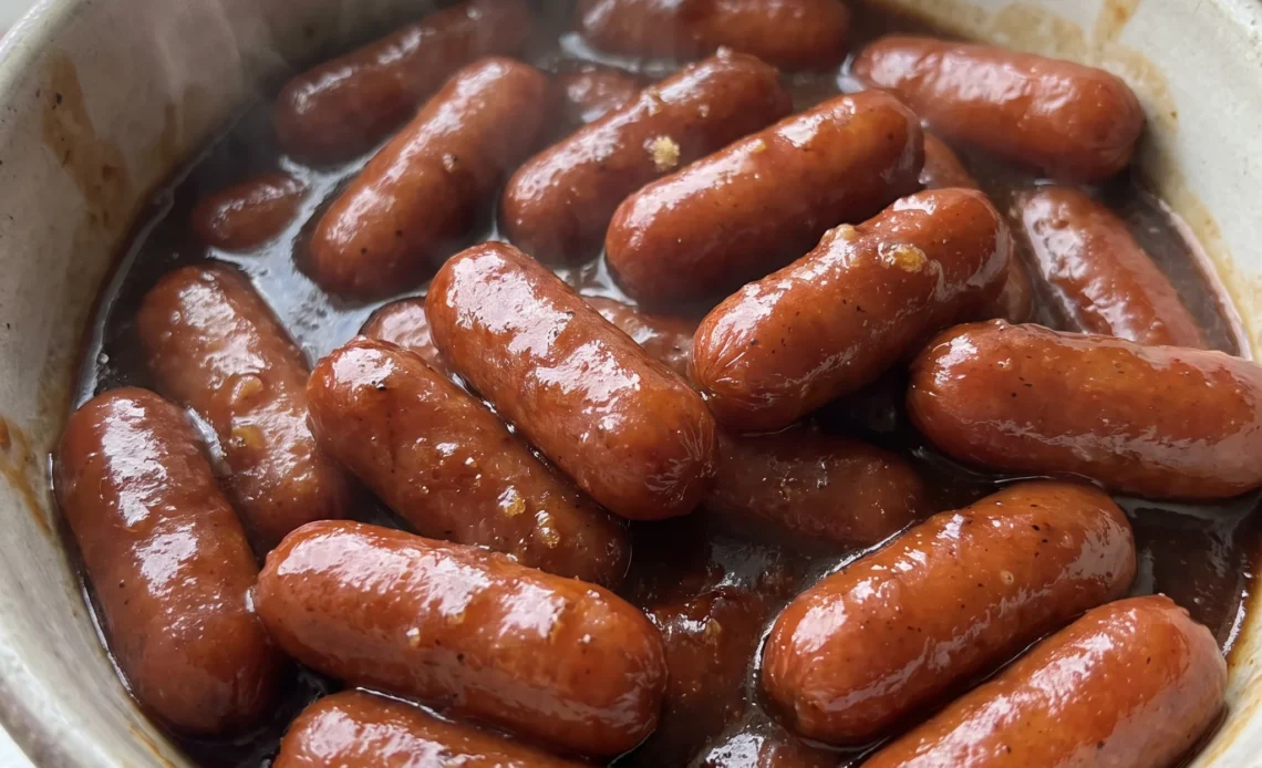 Little smokies sausage links coated in glossy reddish brown BBQ sauce, served together in a thick saucy pile.