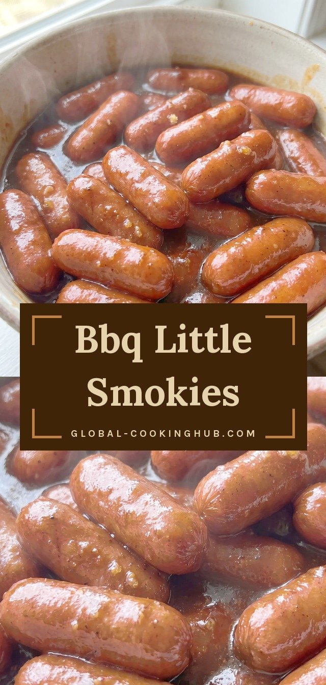 Little smokies sausage links coated in glossy reddish-brown BBQ sauce, garnished with a sprinkle of brown sugar and paprika.