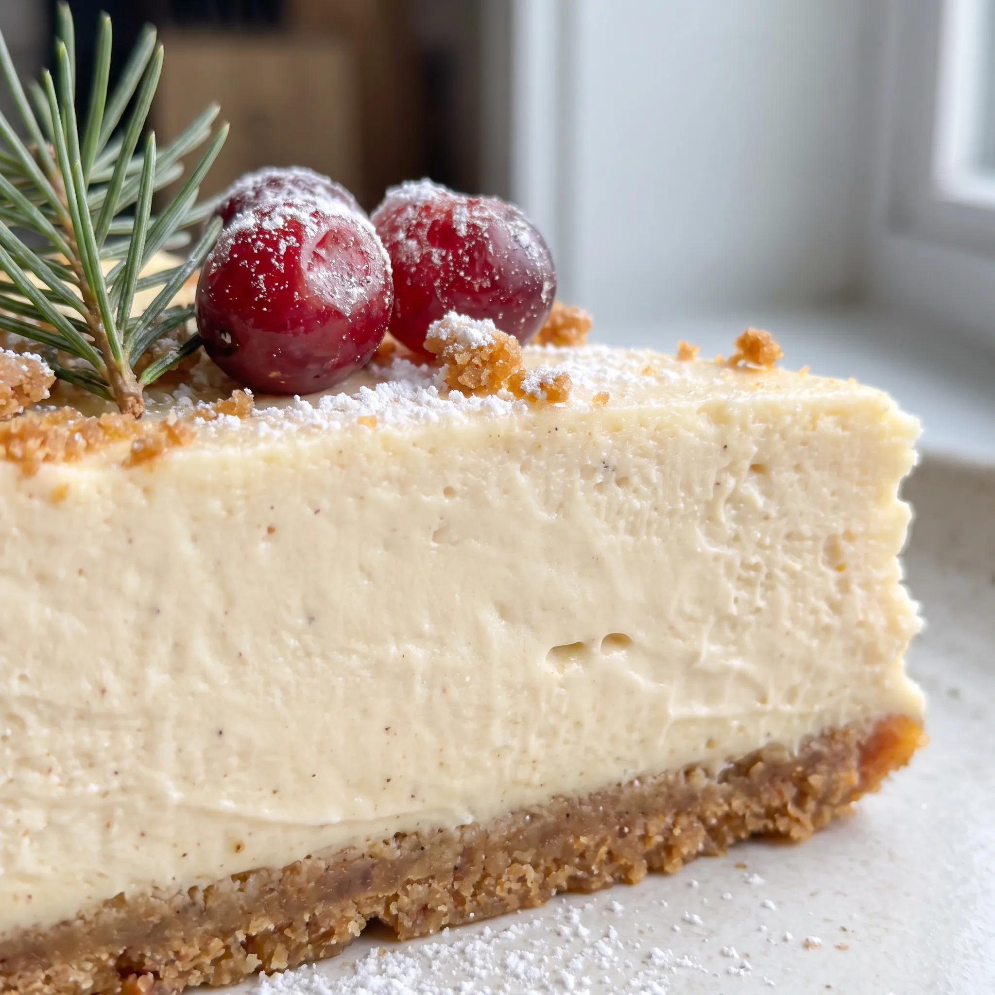 Creamy pale yellow cheesecake topped with soft white whipped cream and glossy red candied cranberries.