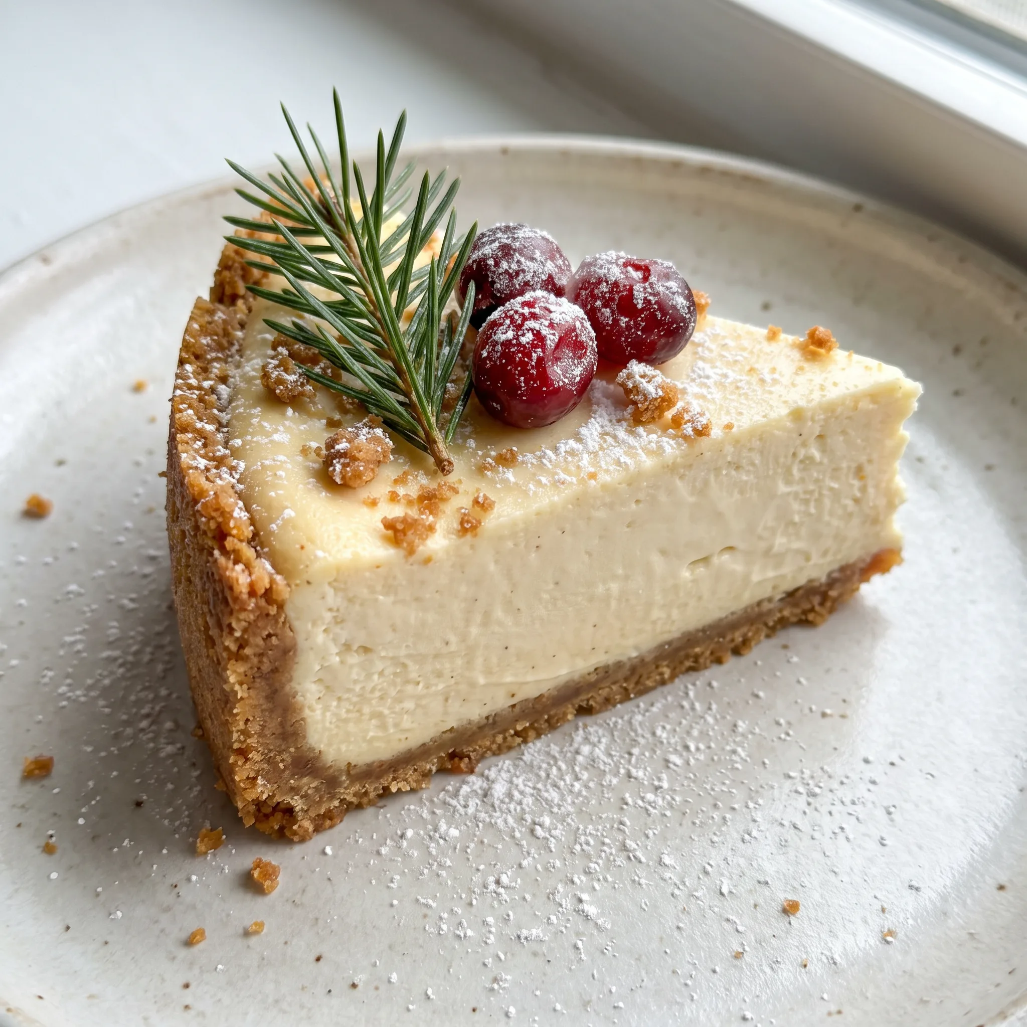 Eggnog cheesecake with whipped cream swirls, candied cranberries, and a smooth pale yellow filling.