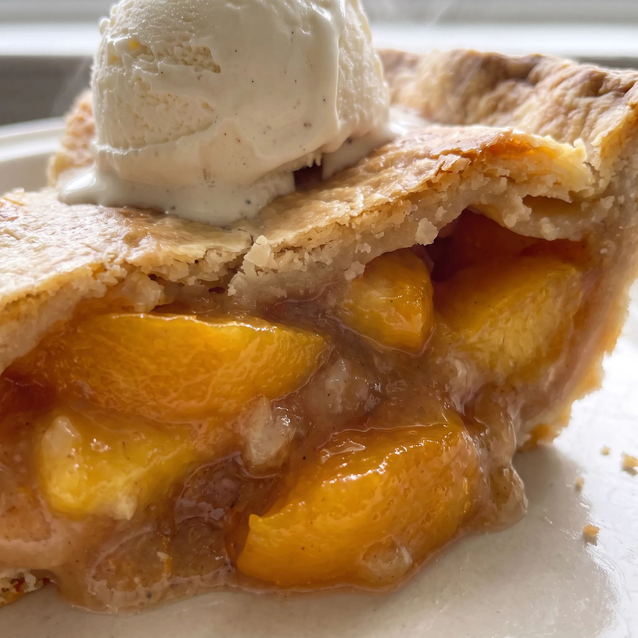 Glossy peach slices with a soft, juicy texture tucked under a flaky golden crust, topped with whipped cream.
