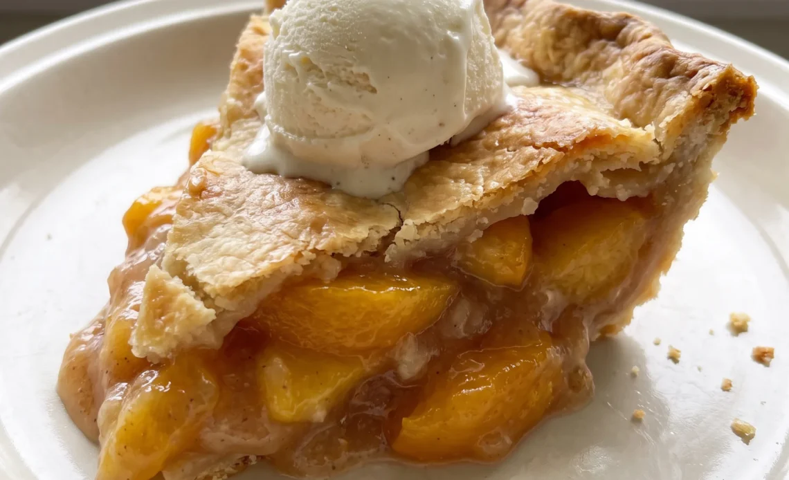 Fresh peach pie with a golden lattice crust and sliced peaches visible between the woven strips.
