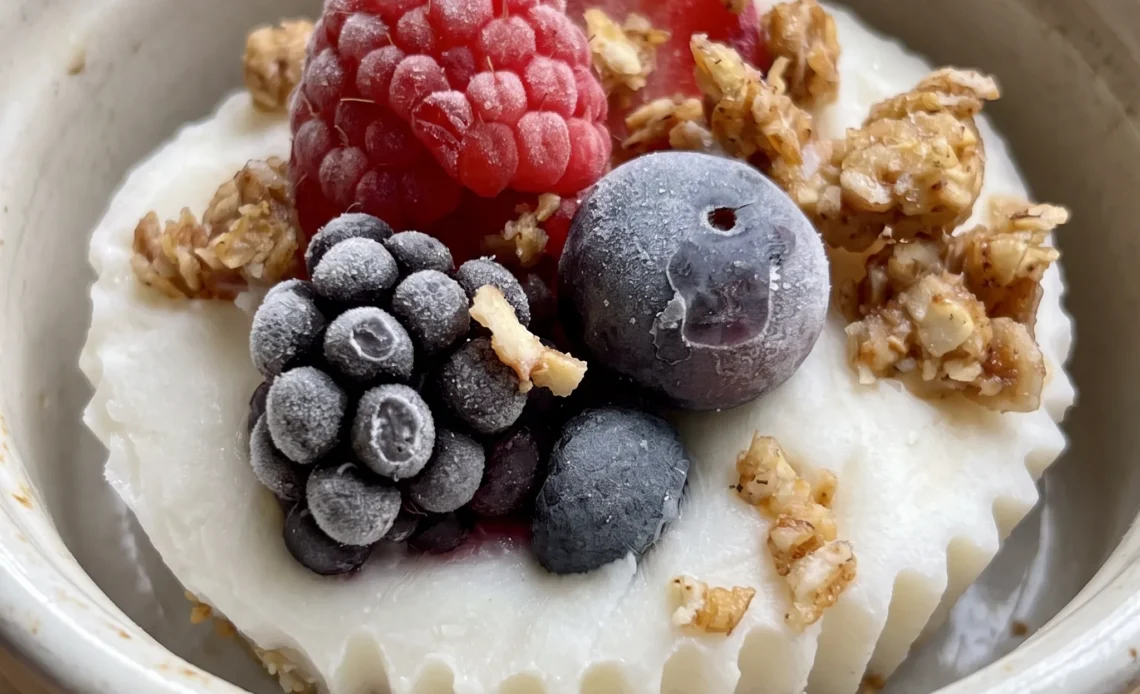 Frozen yogurt granola cups filled with Greek yogurt and topped with mixed berries.
