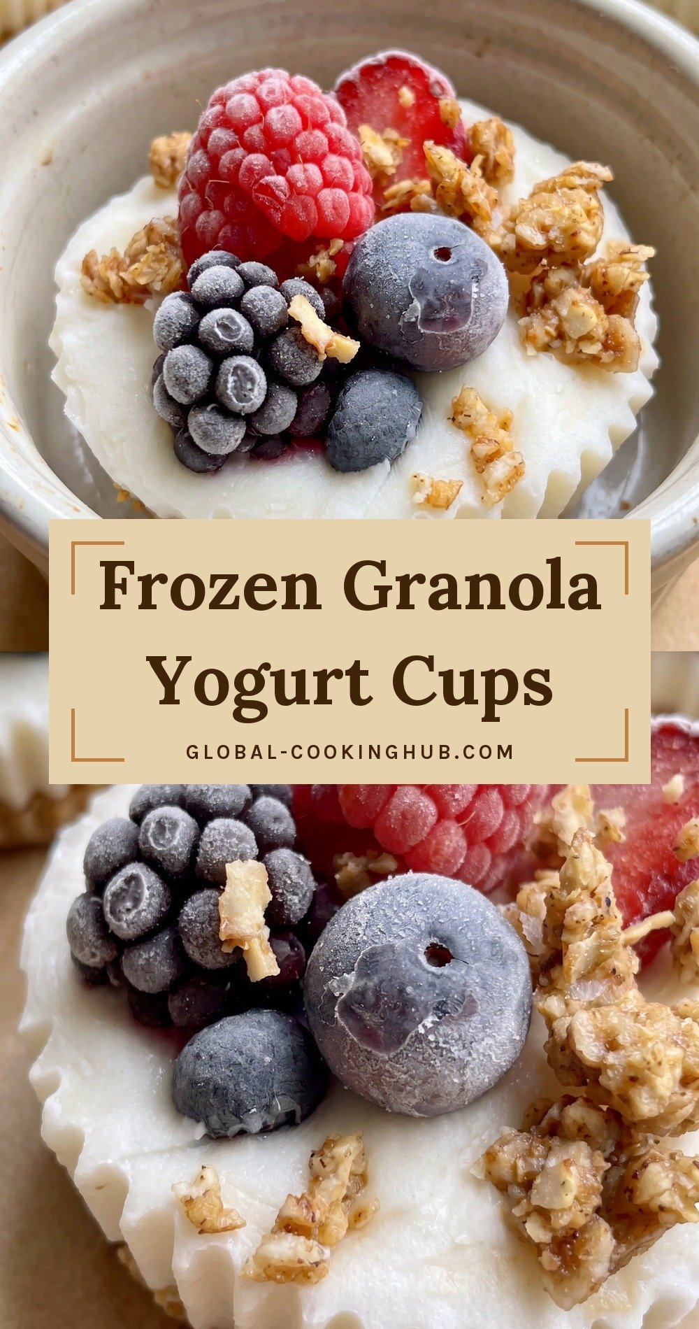 Greek yogurt cups with granola bases topped with fresh red and blue berries, creamy white yogurt, and golden crumbly oats.