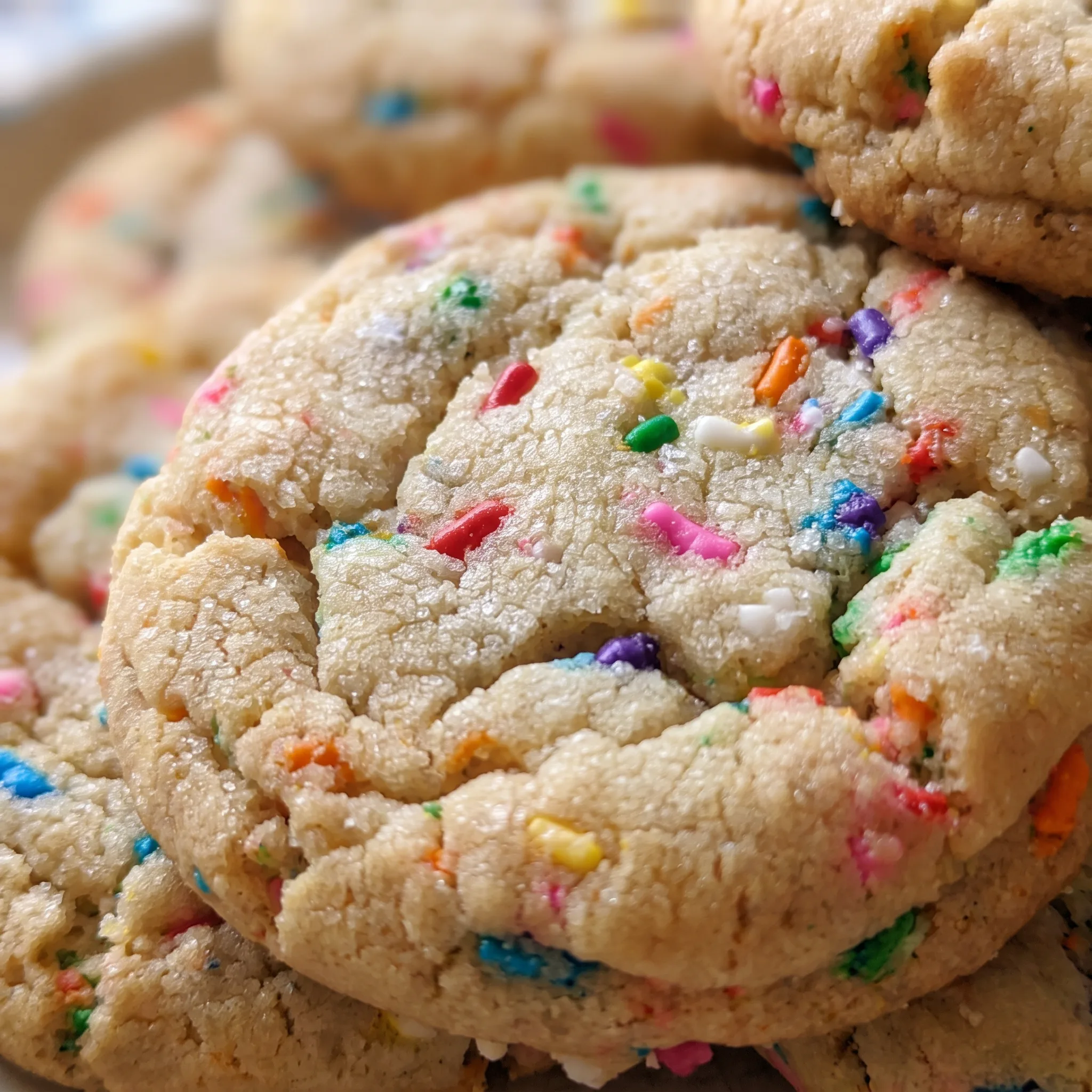 Soft cookie crumb with bright sprinkles and a buttery vanilla-flecked surface