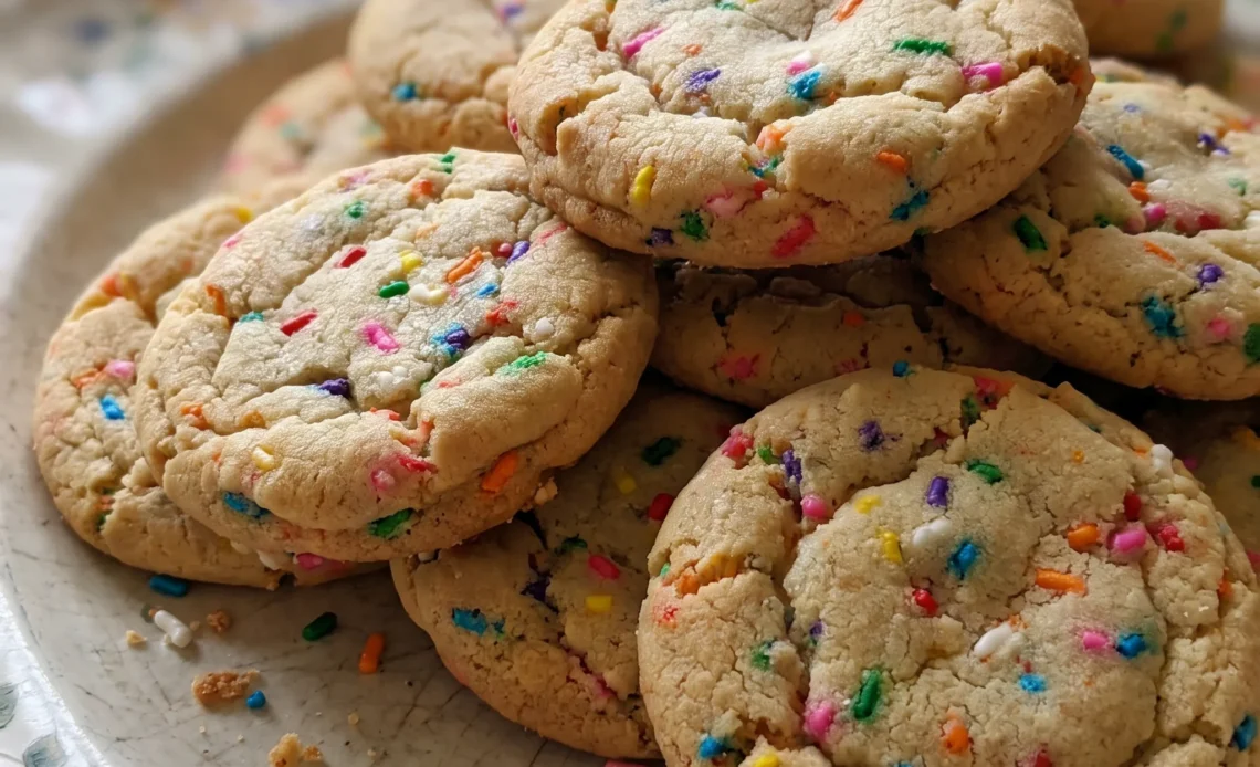 Funfetti sugar cookies with multicolored sprinkles baked into golden rounds and crisp edges