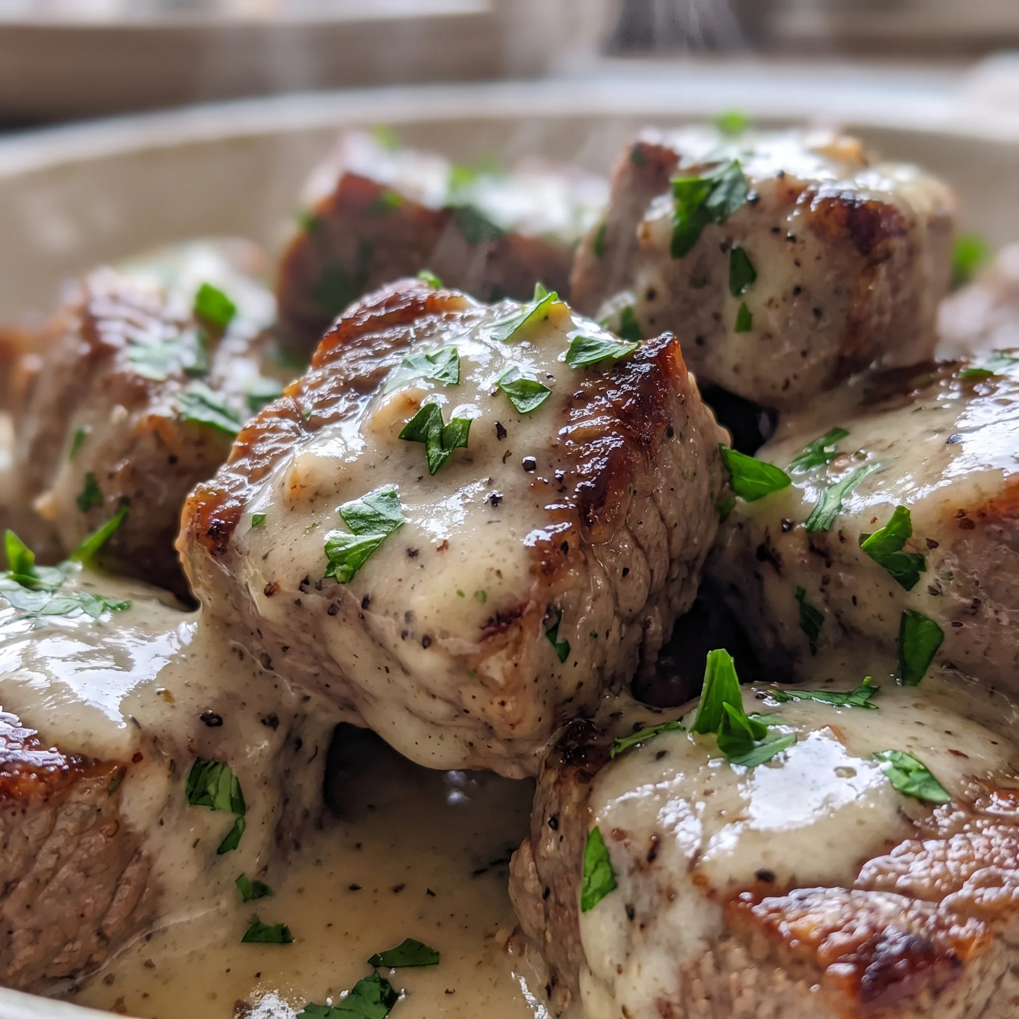 Seared steak cubes with browned edges in a creamy Parmesan sauce, topped with green parsley.