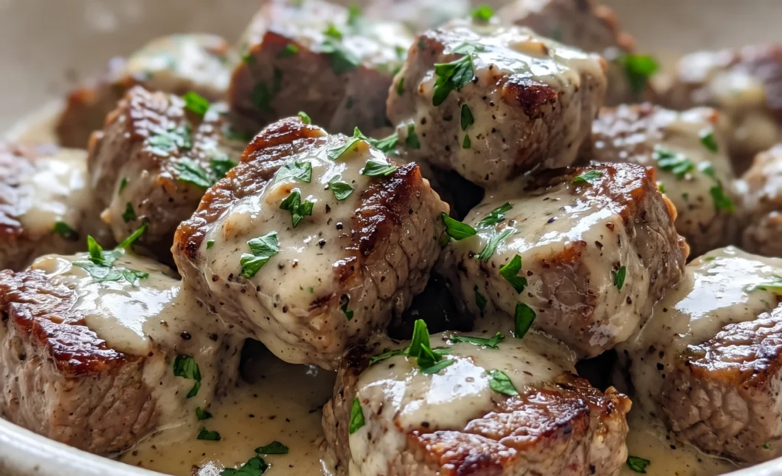 Garlic butter steak bites with a Parmesan cream sauce, chopped parsley, and visible garlic pieces.