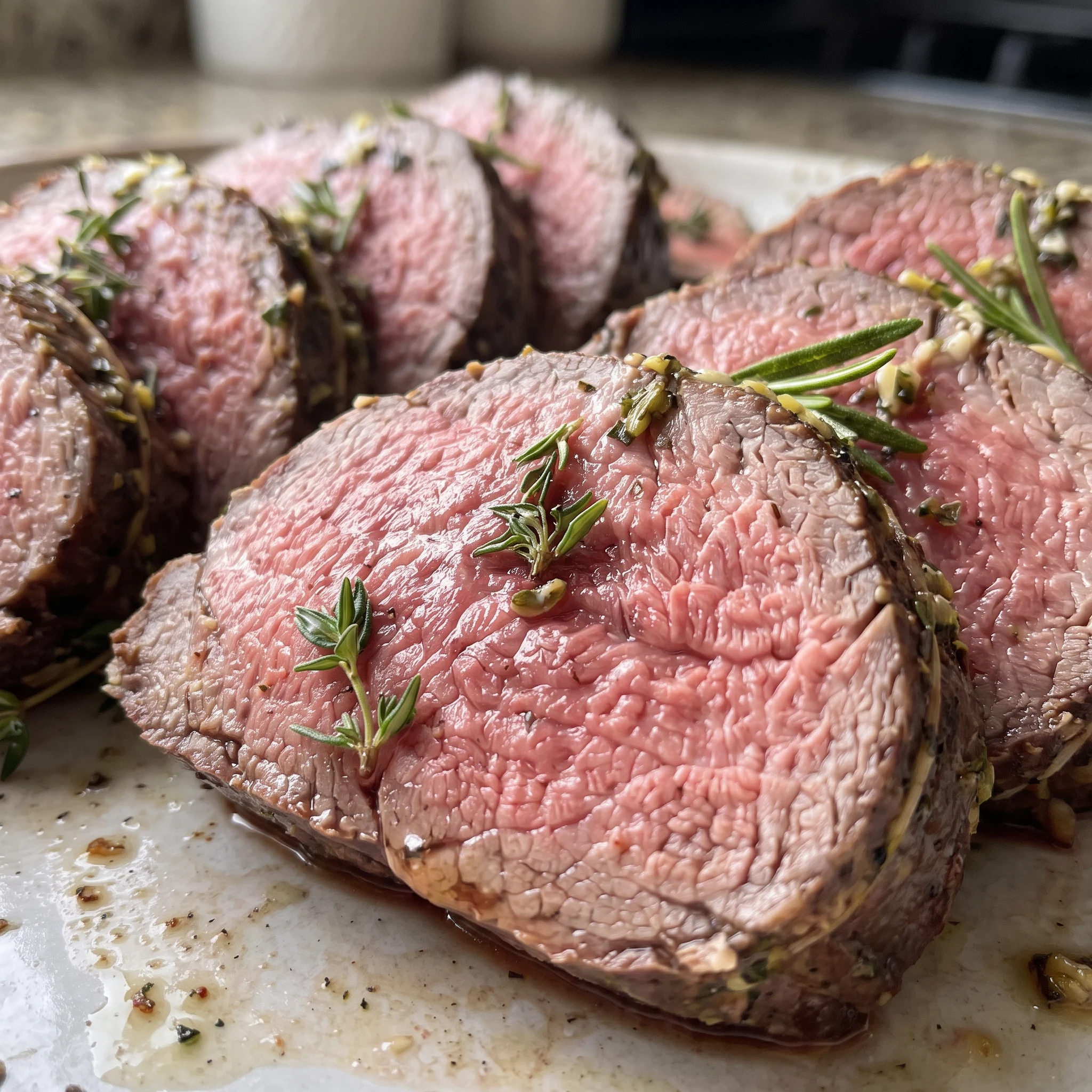 Garlic and herb butter coating a sliced beef tenderloin, showing a browned crust and juicy pink interior.