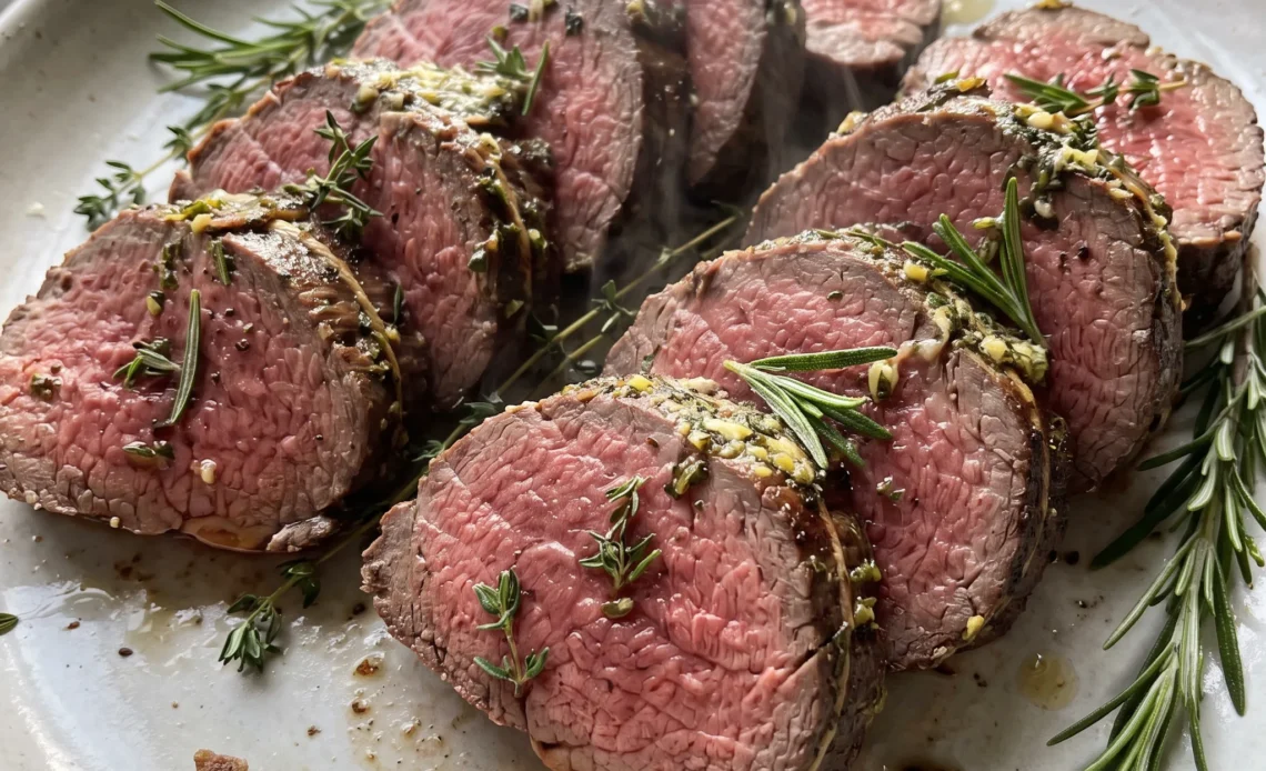 Sliced beef tenderloin roast with pink center, topped with minced garlic, rosemary and thyme sprigs, glistening butter.