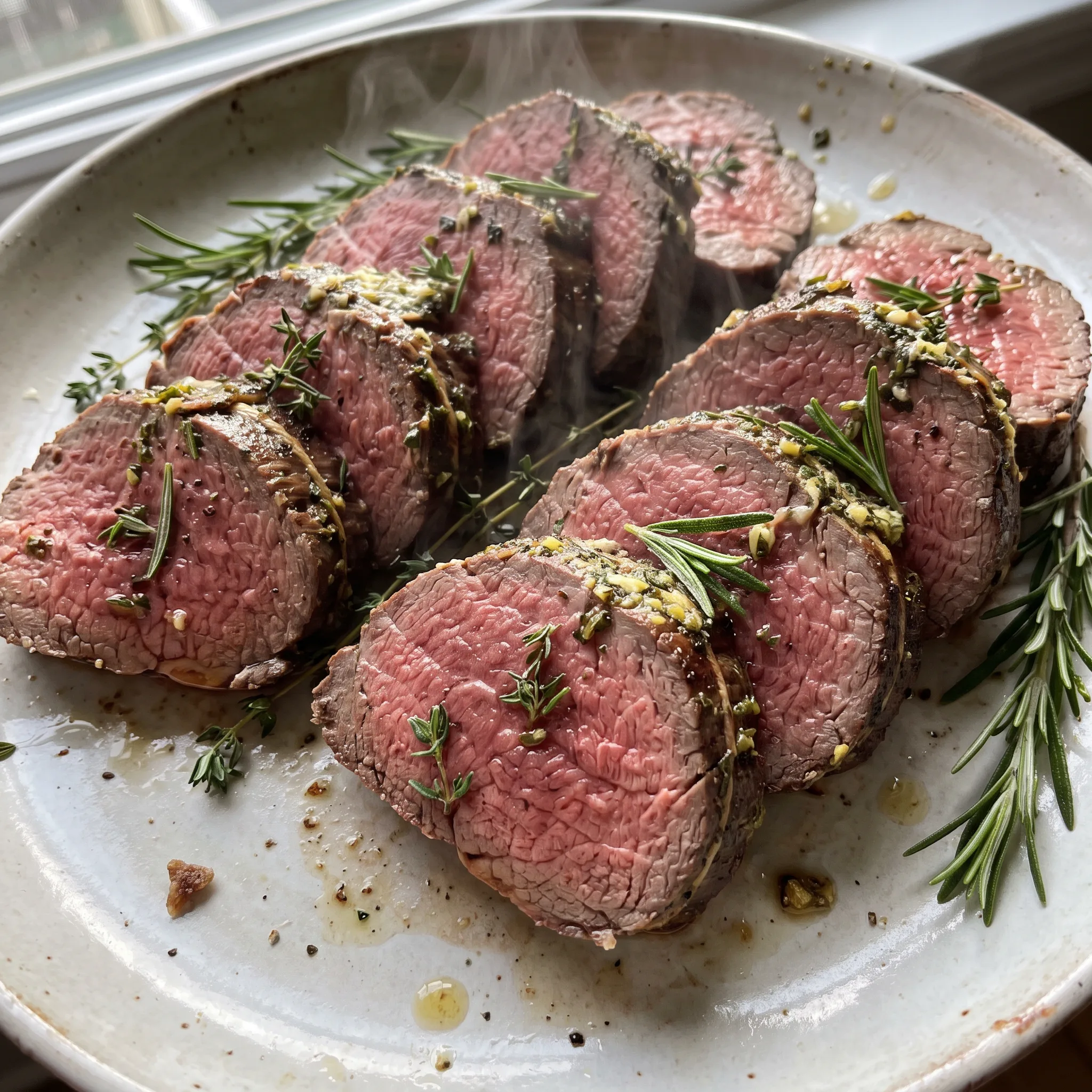 Sliced beef tenderloin roast with pink center, topped with minced garlic, rosemary and thyme sprigs, glistening butter.