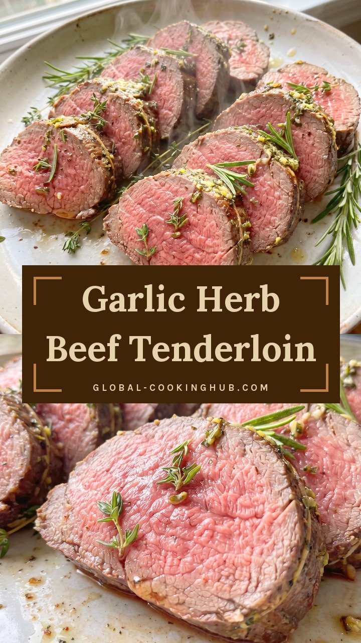 Sliced beef tenderloin roast with a golden brown herb crust, topped with minced garlic, rosemary, and thyme butter.