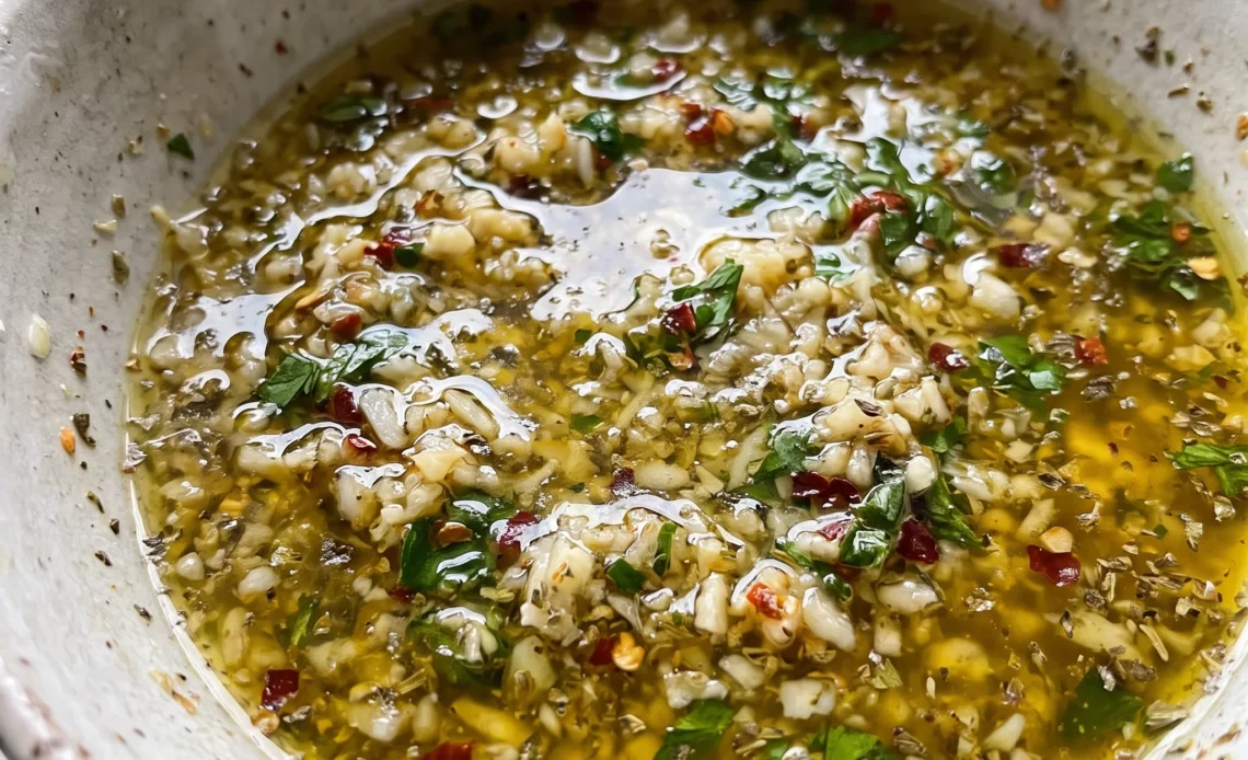 Garlic Parmesan olive oil dip with minced garlic, grated Parmesan, red pepper flakes and chopped parsley in golden oil.