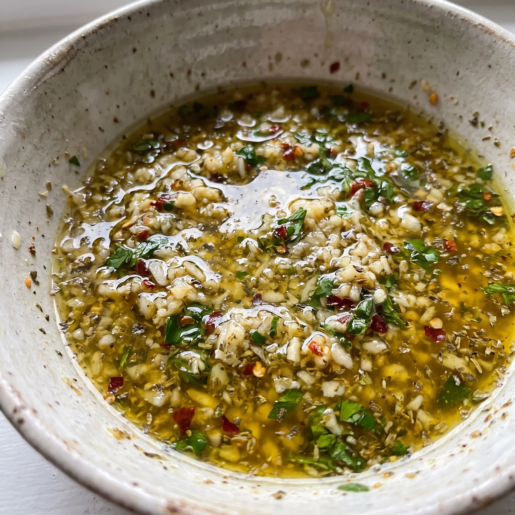 Garlic Parmesan olive oil dip with minced garlic, grated Parmesan, red pepper flakes and chopped parsley in golden oil.