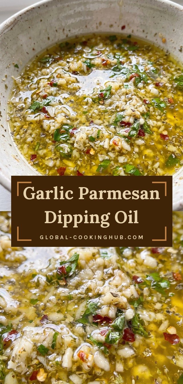 Minced garlic, grated Parmesan, olive oil, red pepper flakes, and chopped parsley mixed into a golden speckled dip.