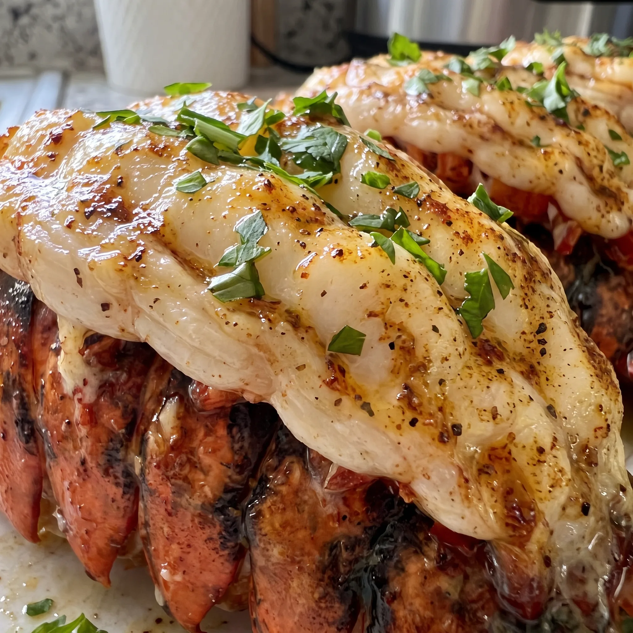 Glossy lemon butter coating lobster meat, topped with green parsley and red paprika.