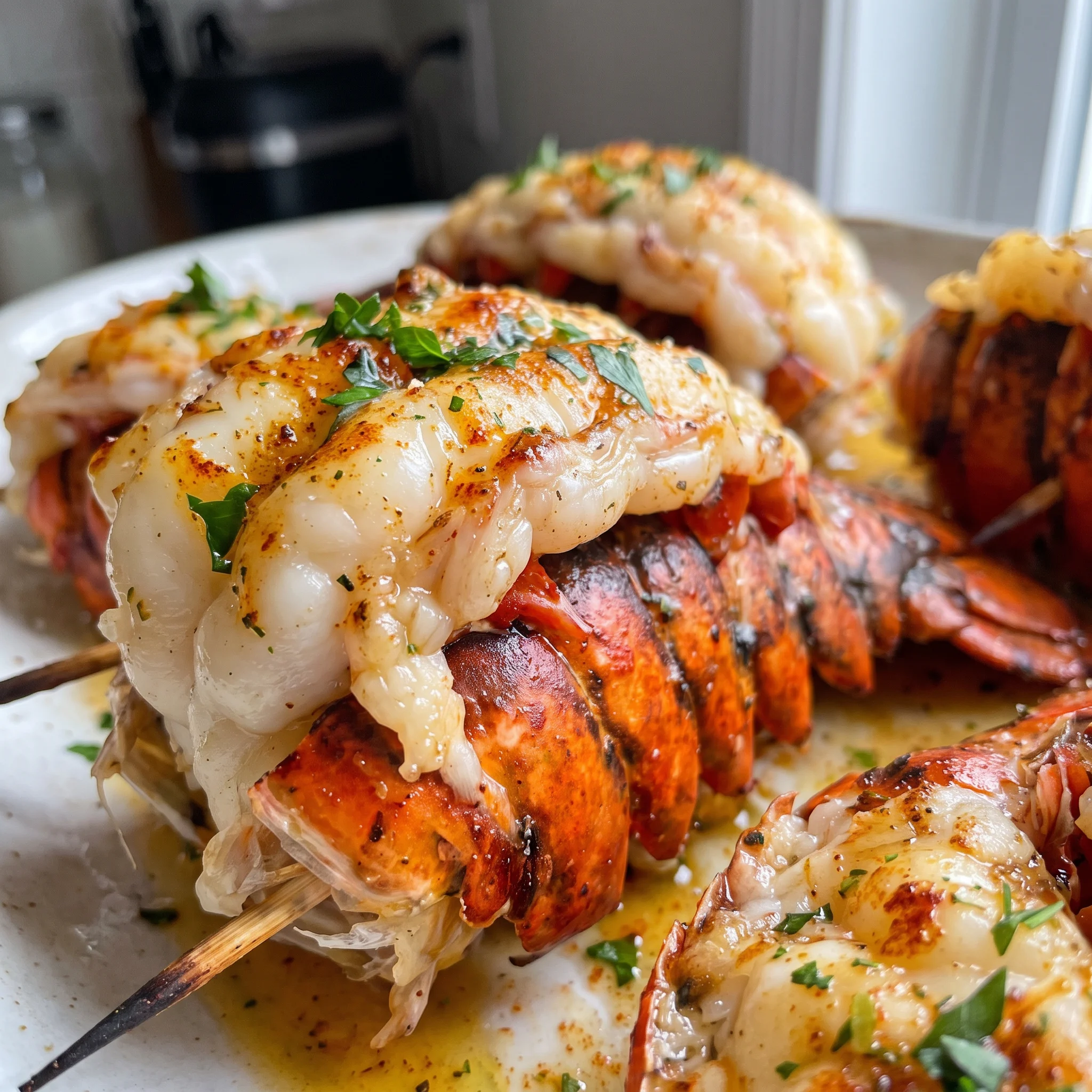 Glossy lobster meat with browned butter, bright lemon pieces, garlic bits, and green parsley flakes.