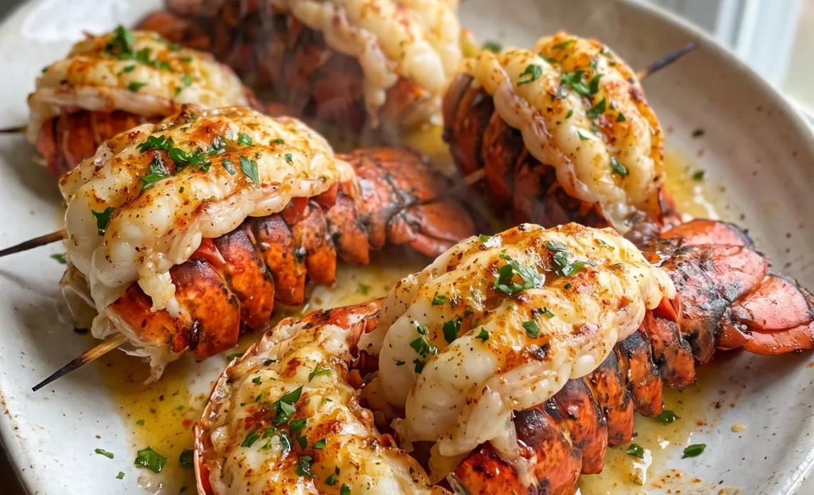 Two grilled lobster tails with golden melted butter, lemon wedges, minced garlic, and chopped parsley.