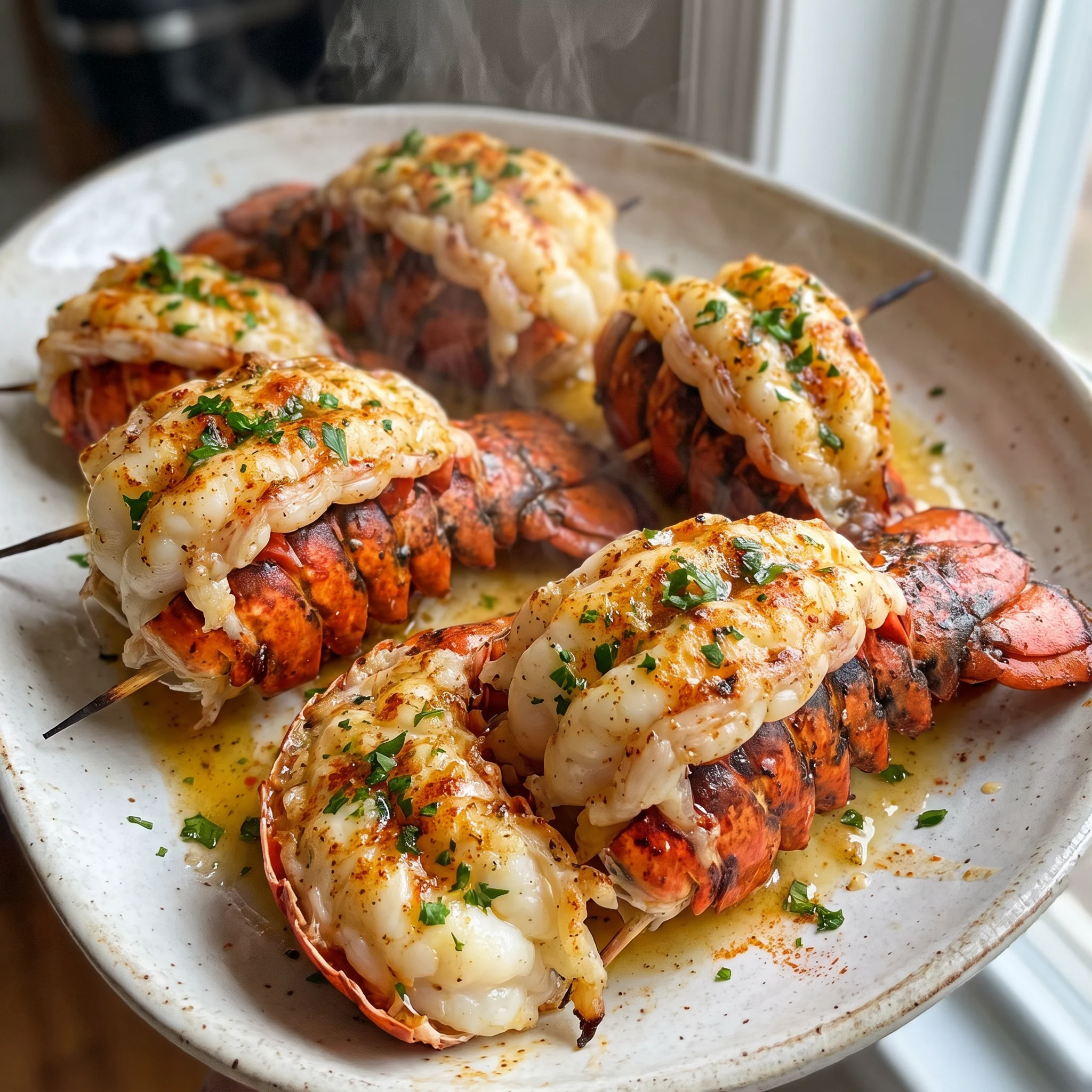 Two grilled lobster tails with golden melted butter, lemon wedges, minced garlic, and chopped parsley.