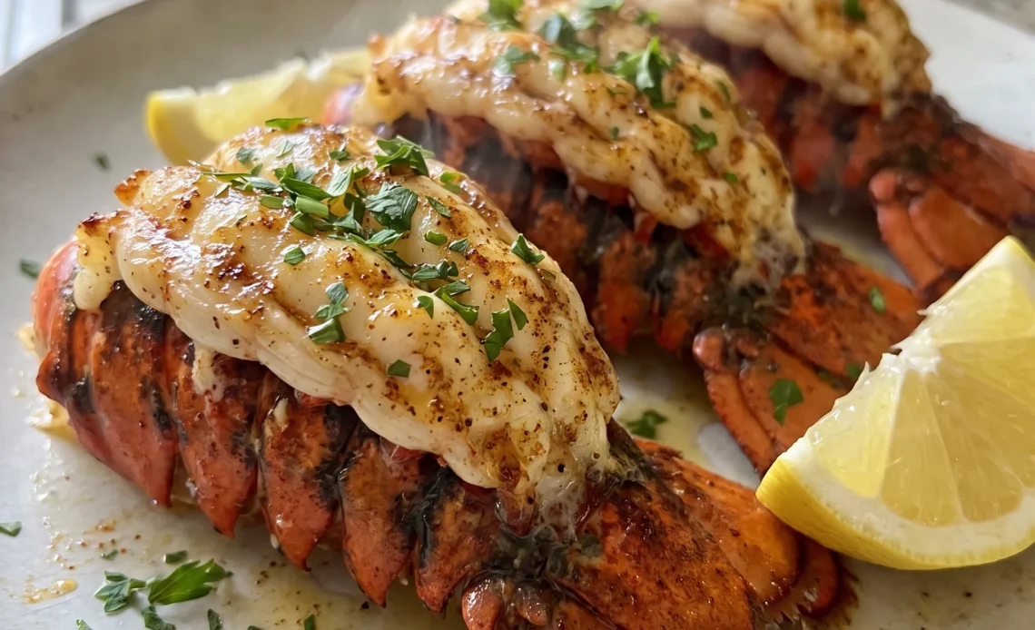 Grilled lobster tails with lemon butter, minced garlic, red paprika, and chopped parsley.