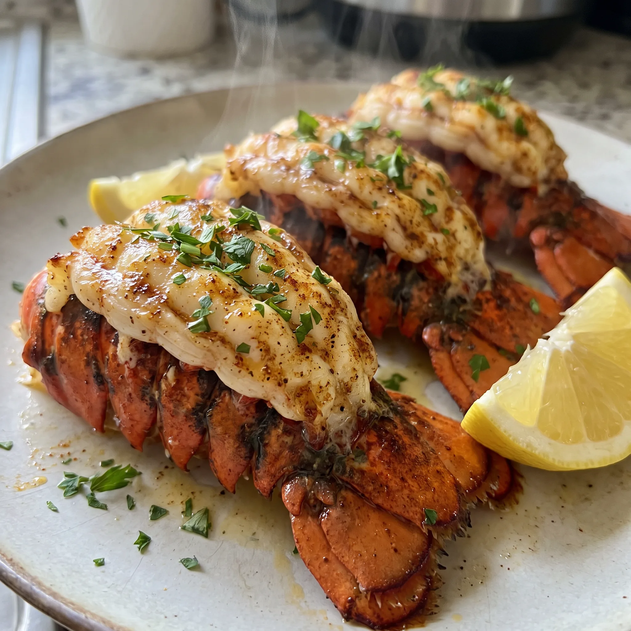Grilled lobster tails with lemon butter, minced garlic, red paprika, and chopped parsley.