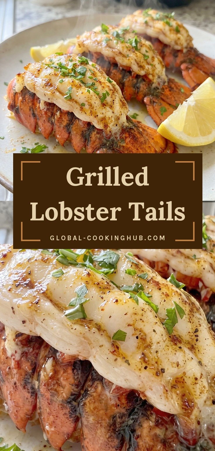 Grilled lobster tails split open with charred meat, herb butter, parsley and a lemon wedge.