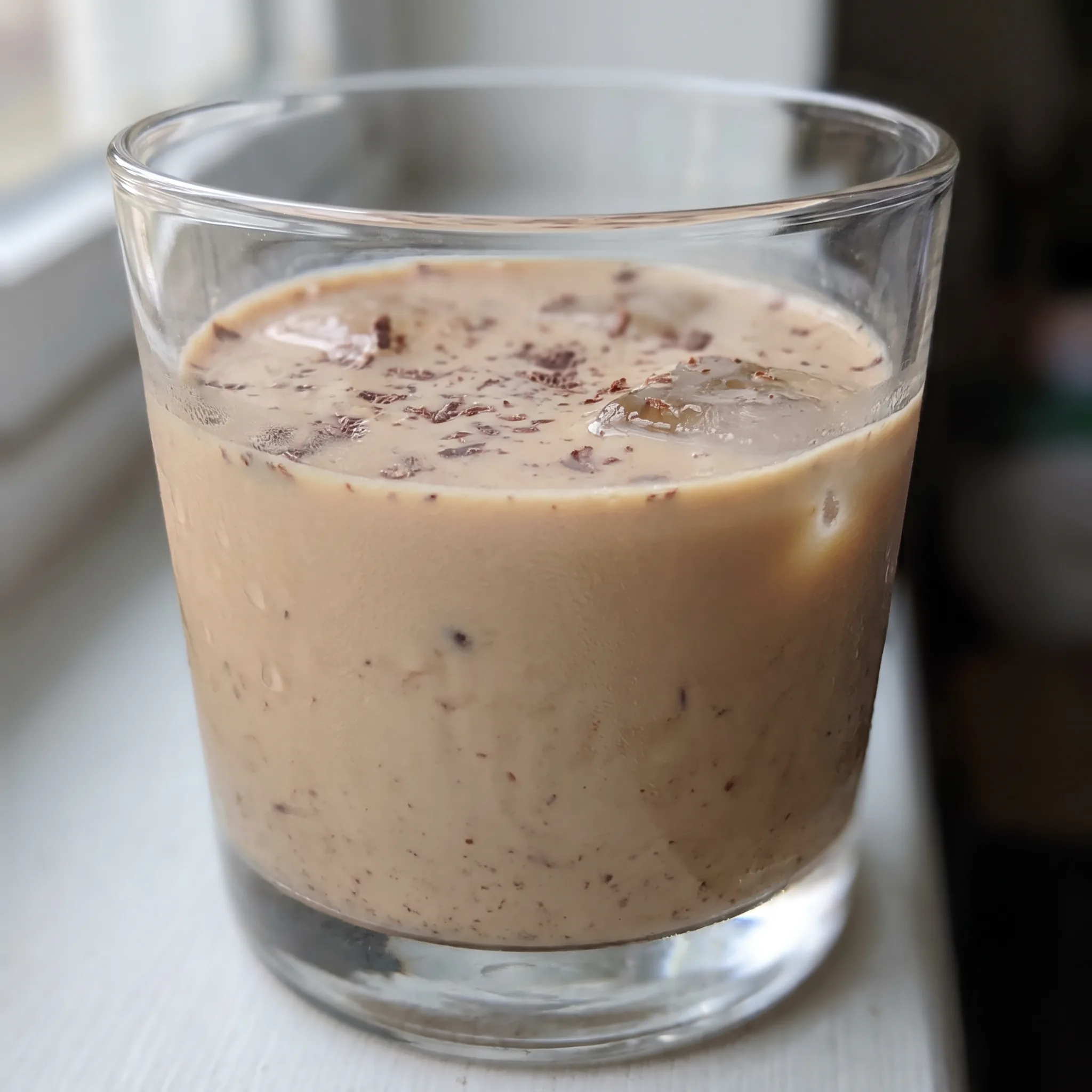Irish cream liqueur in a glass, pale tan liquid with a smooth creamy surface and a faint chocolate swirl.